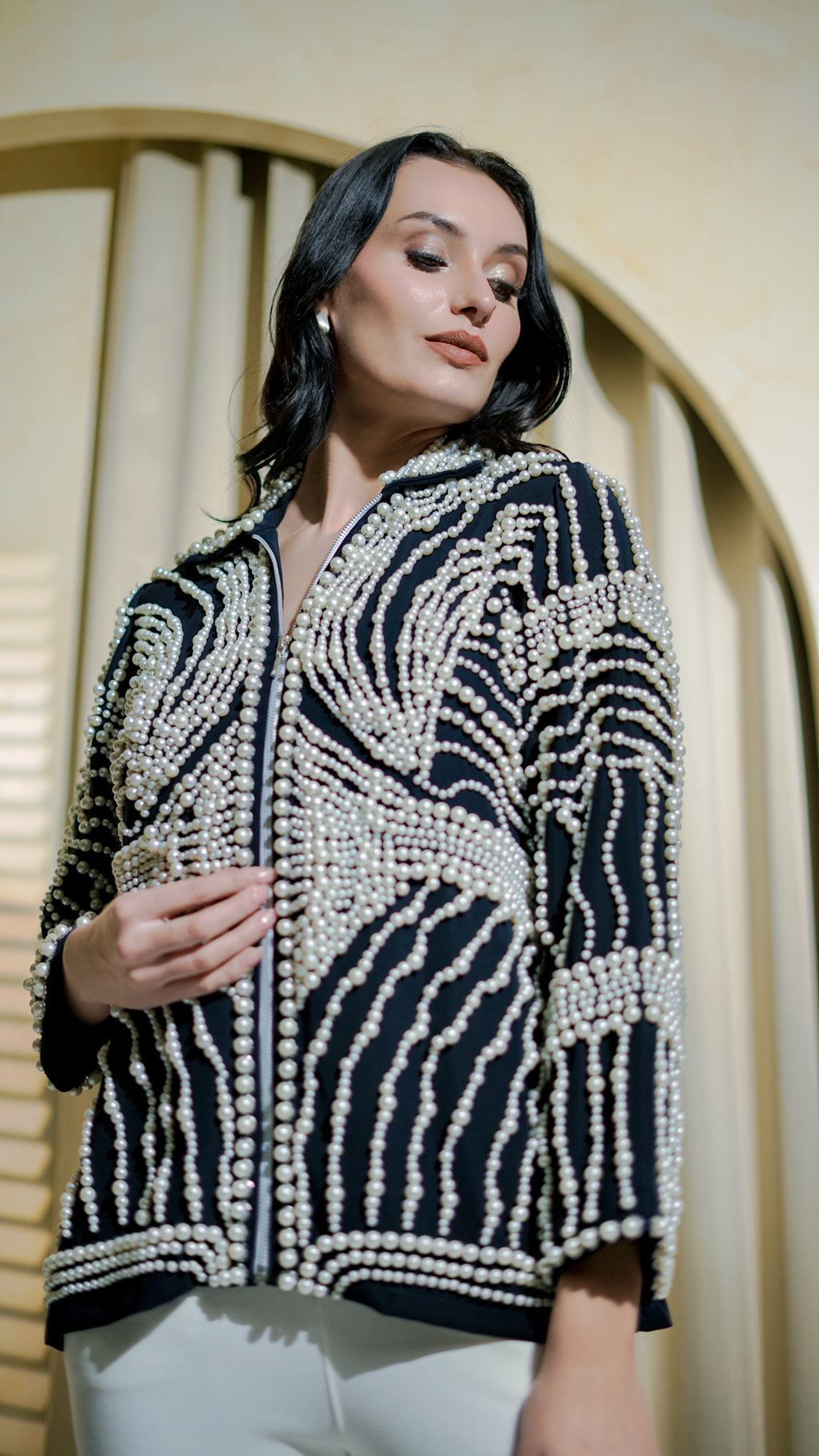 Ivory Noir Pearl Embellished Couture Jacket