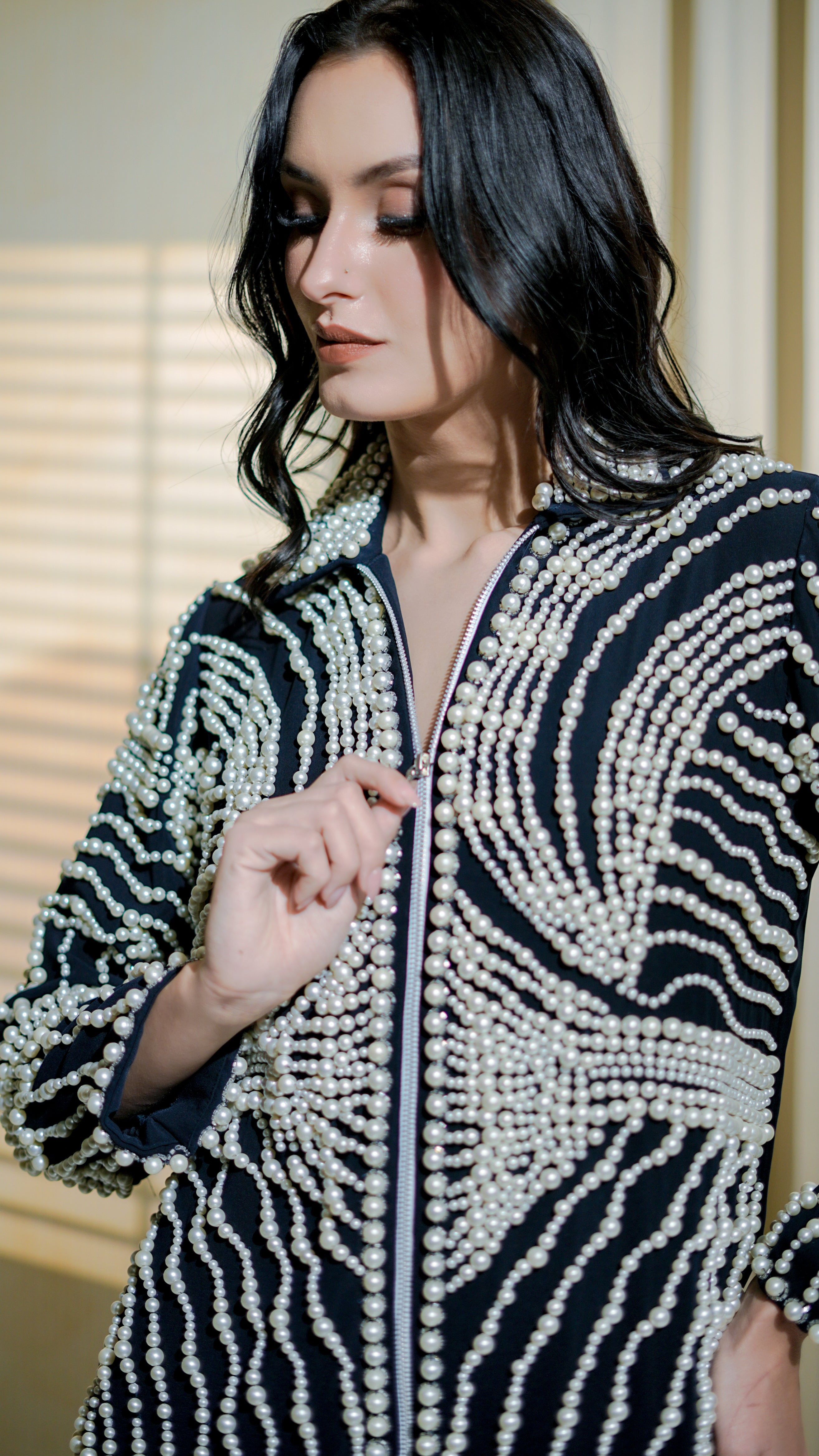 Ivory Noir Pearl Embellished Couture Jacket