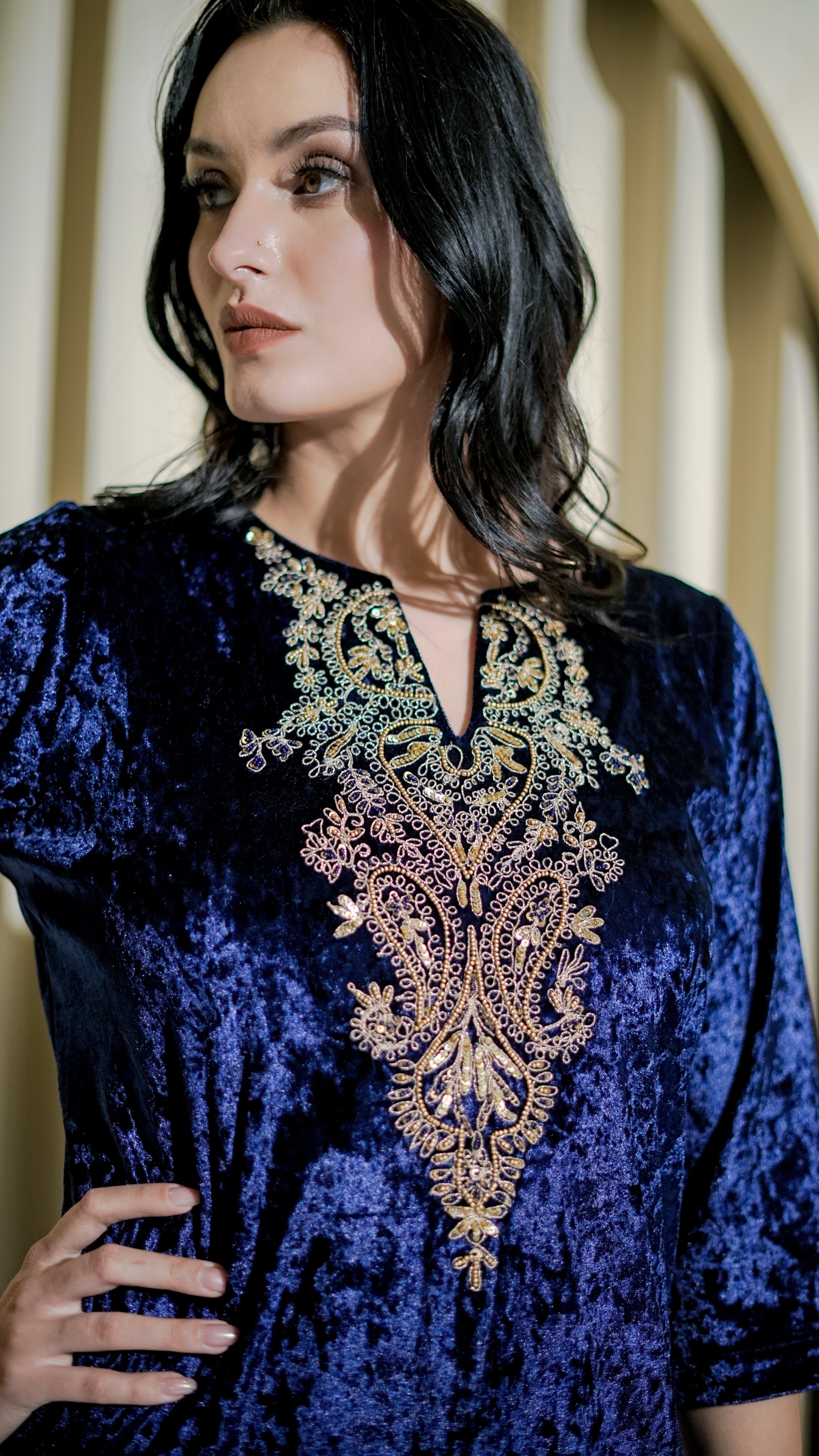 Midnight Blue Velvet Embroidered Kurta Set
