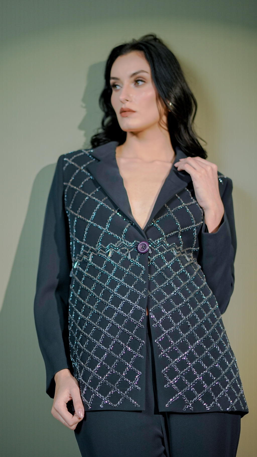 Embellished Grid Couture Blazer Set