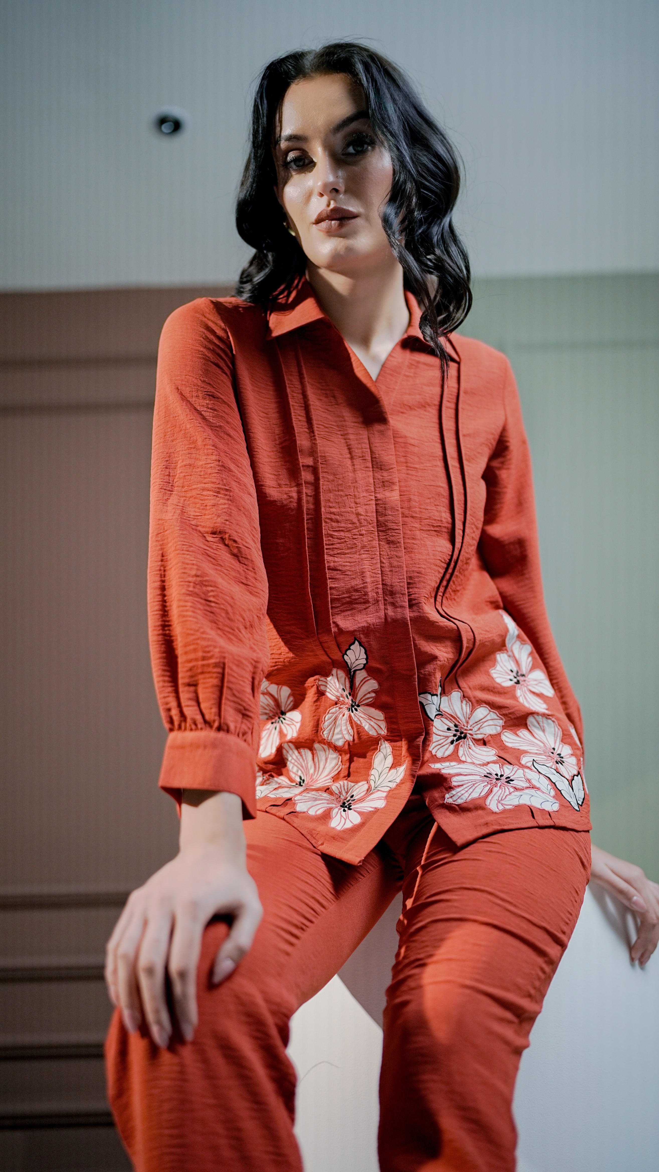 Rust Floral Embroidered Co-Ord Set