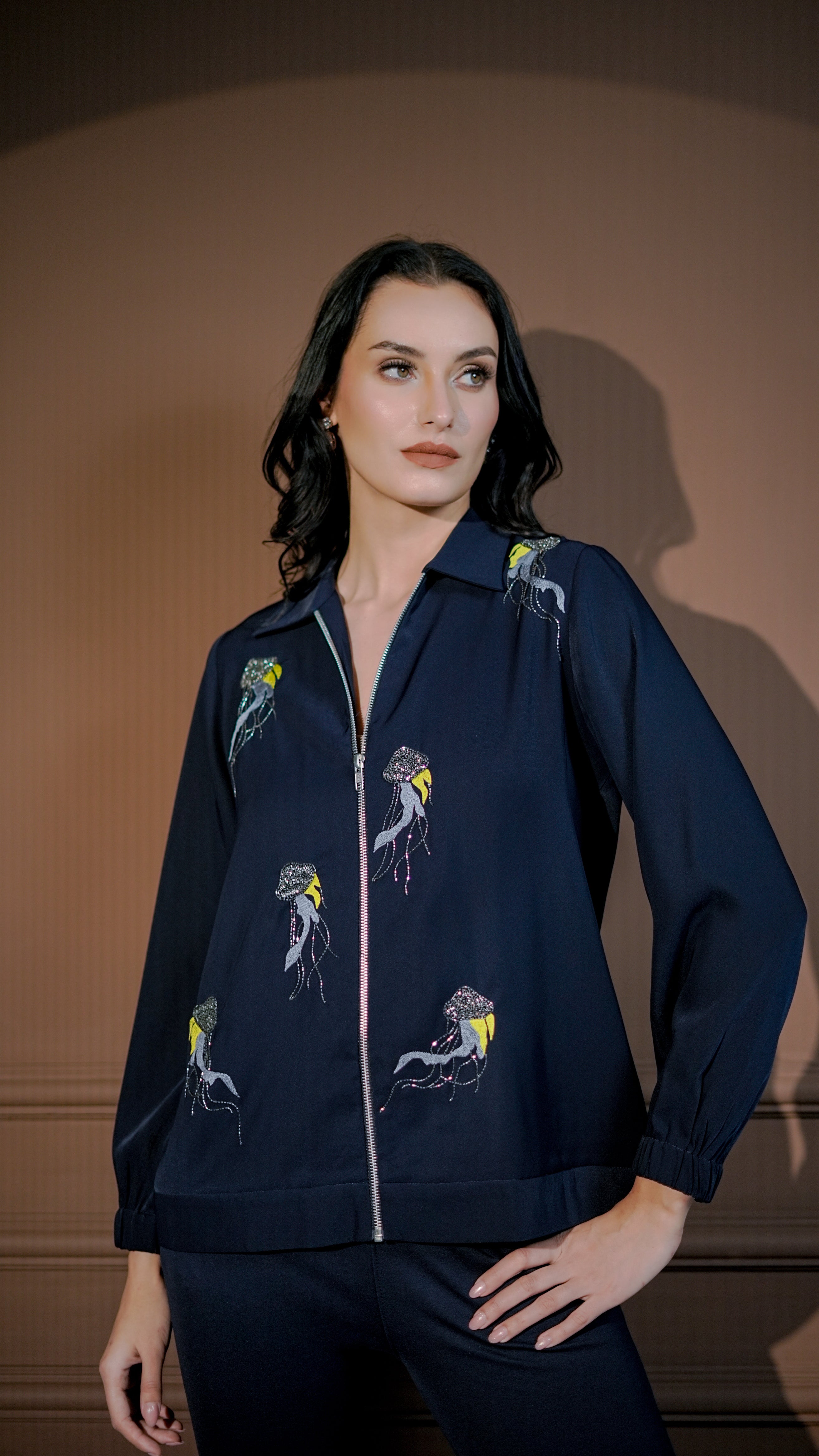 Navy Embroidered Zip-Front Co-Ord Set