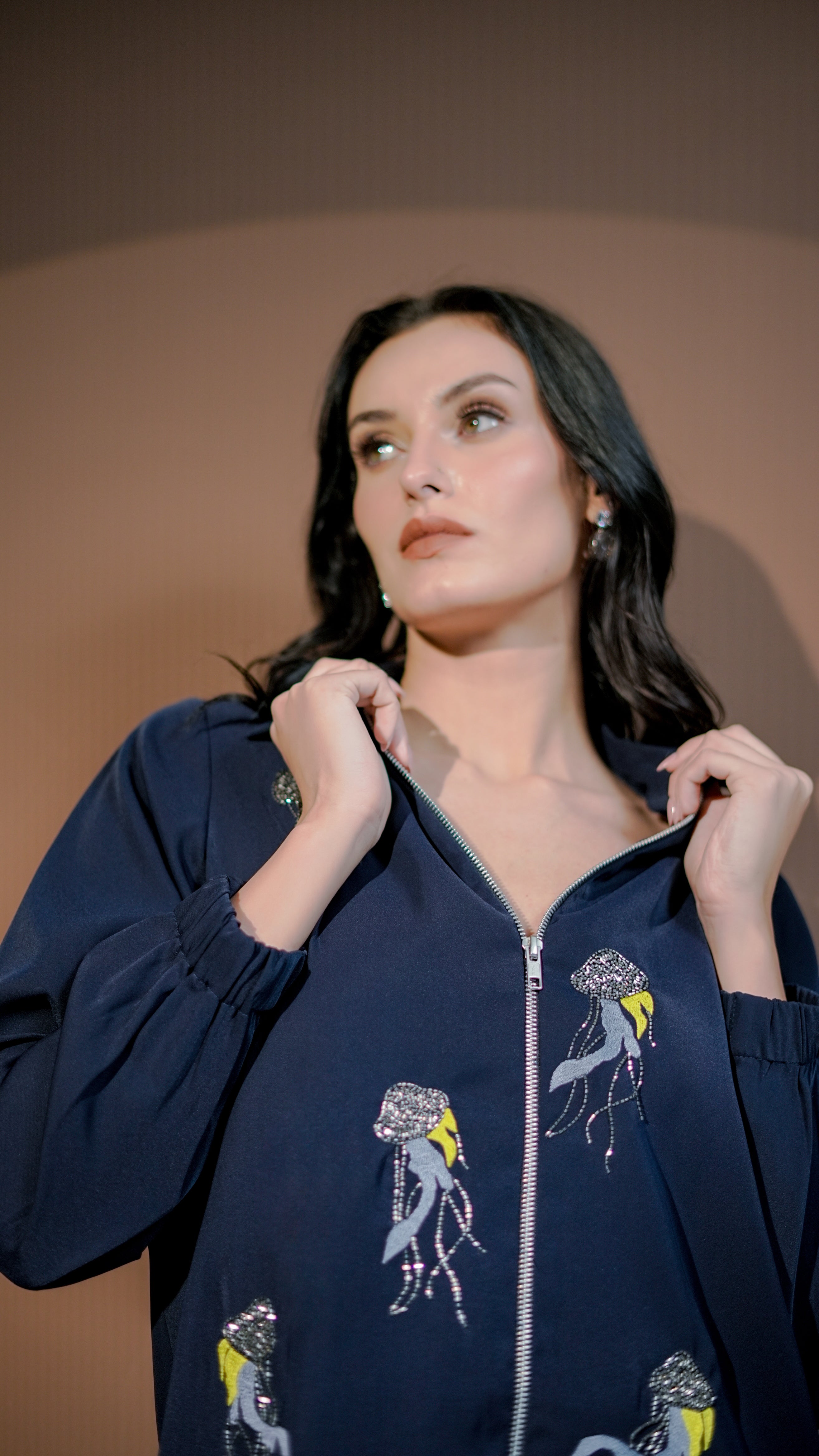 Navy Embroidered Zip-Front Co-Ord Set