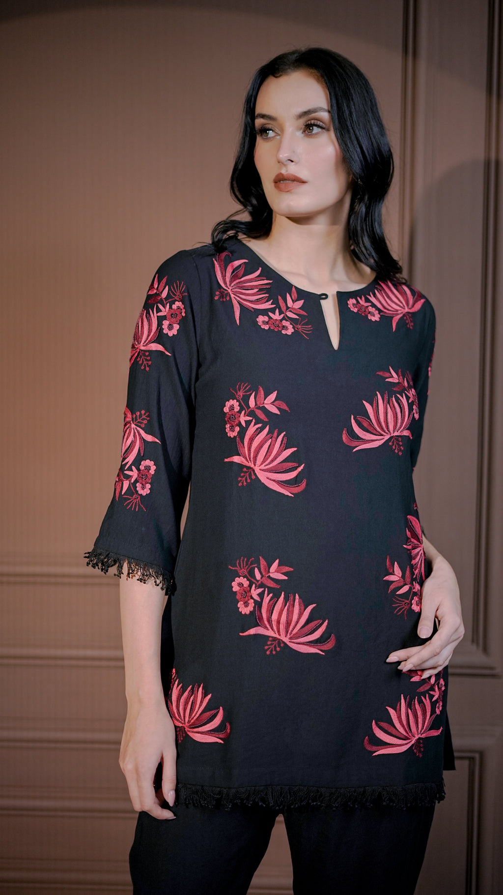 Black Floral Print Tunic Set