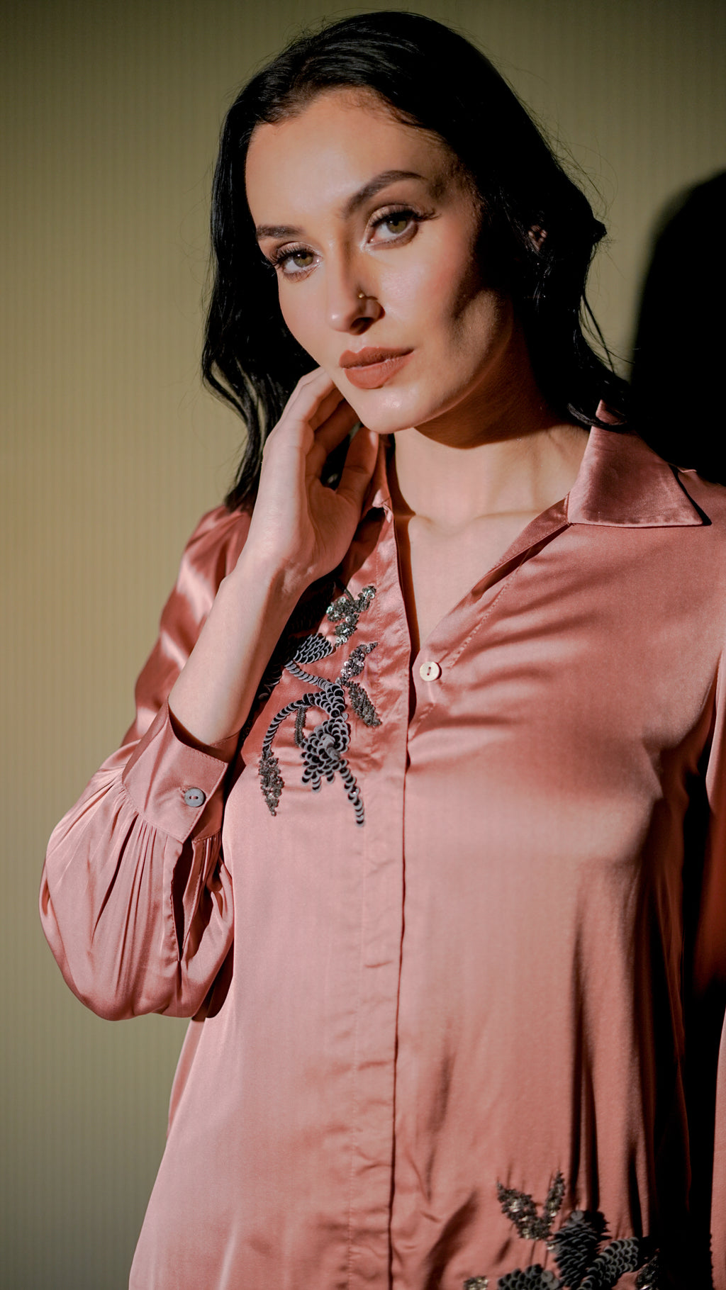 Rose Blush Embellished Satin Shirt