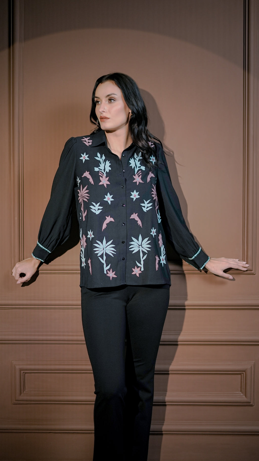 Black Botanical Print Shirt