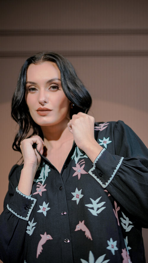 Black Botanical Print Shirt