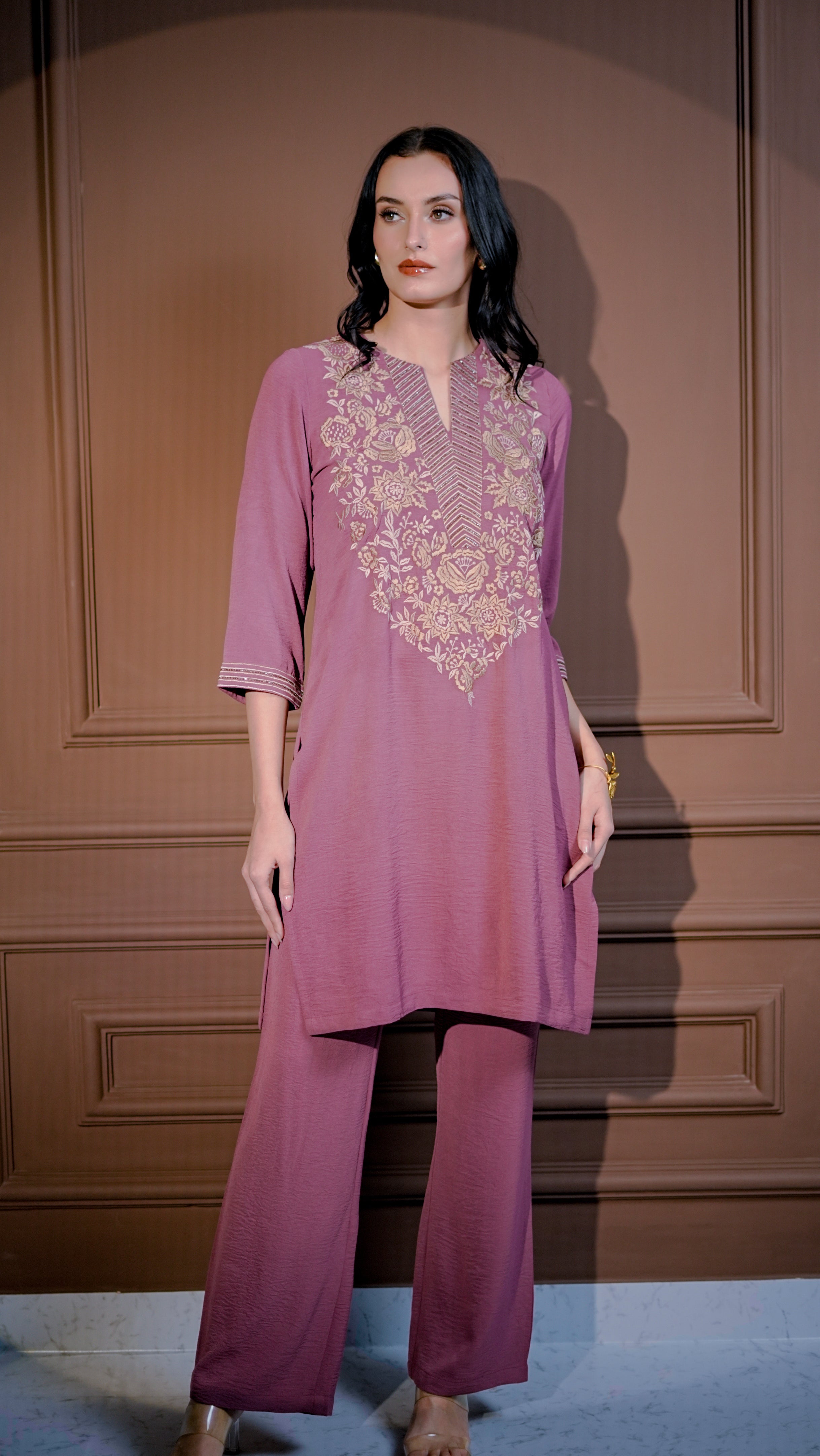 Mauve Embroidered Kurta Set