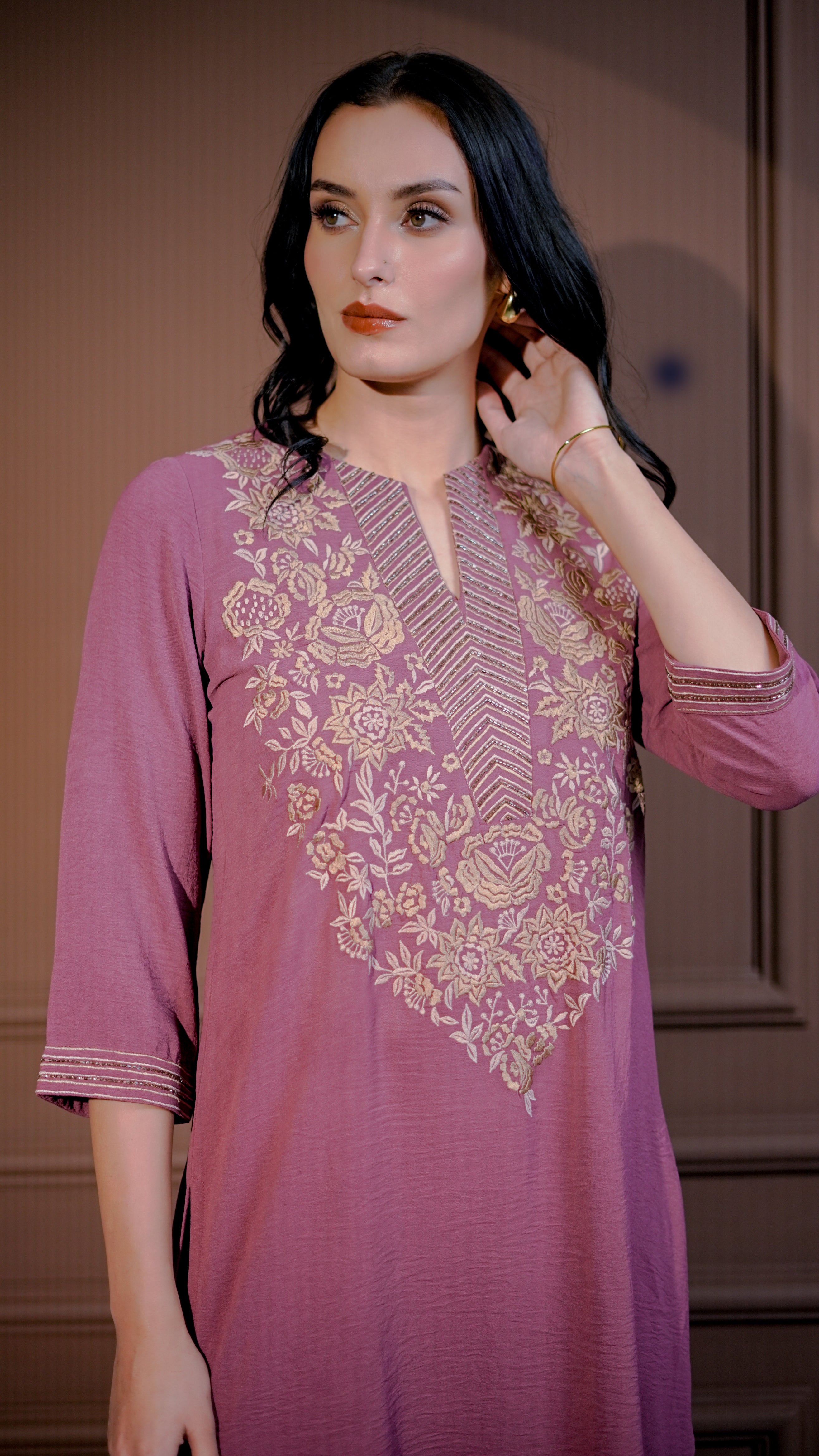 Mauve Embroidered Kurta Set