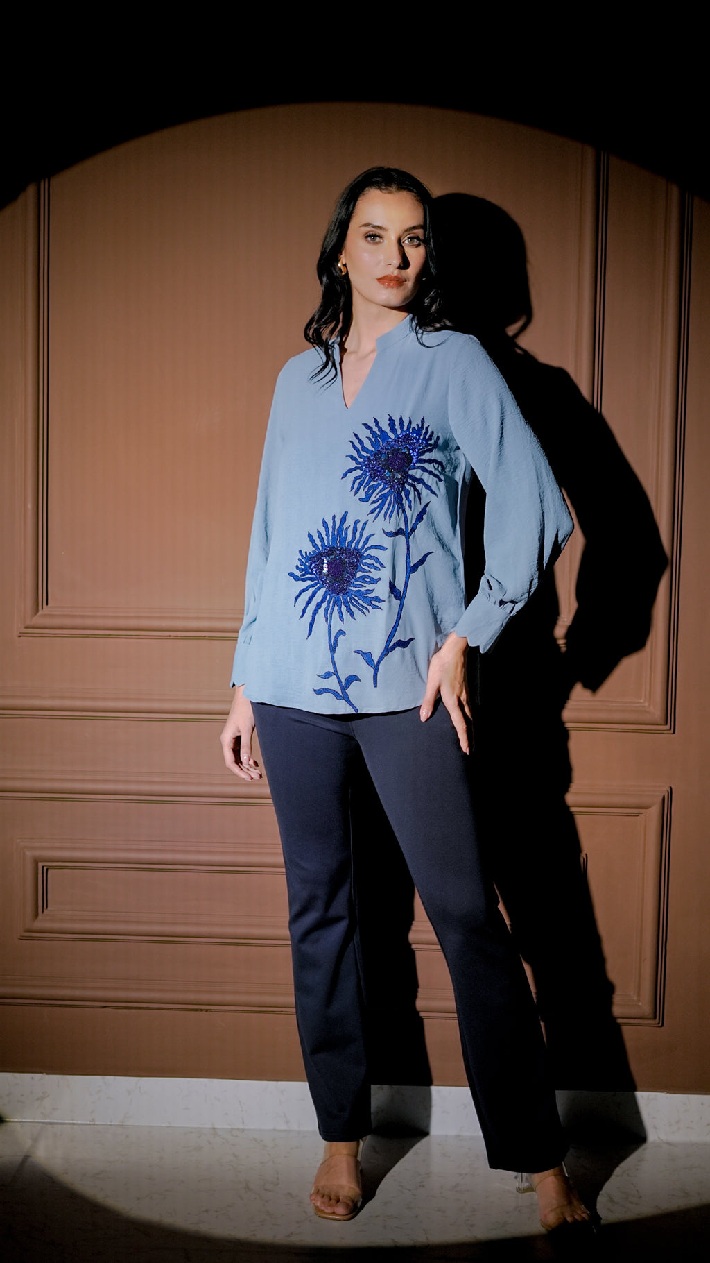 Powder Blue Floral Embroidered Top Set