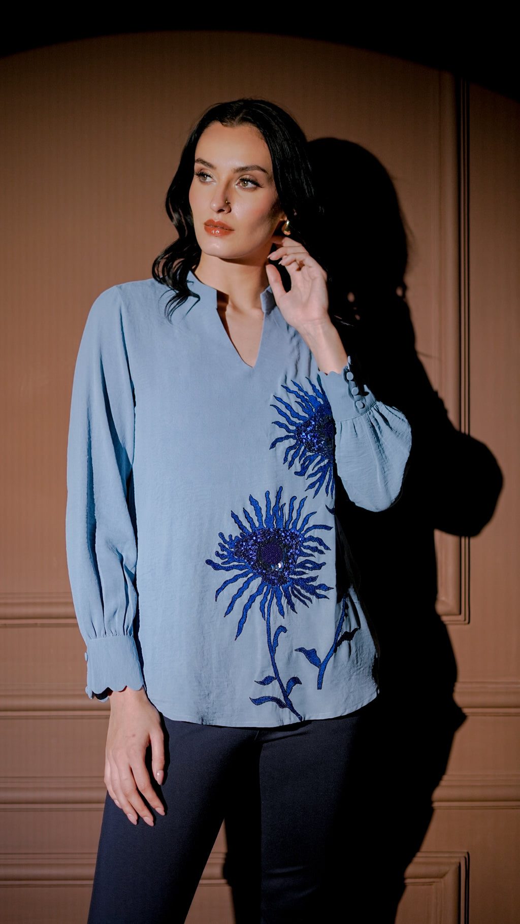 Powder Blue Floral Embroidered Top Set