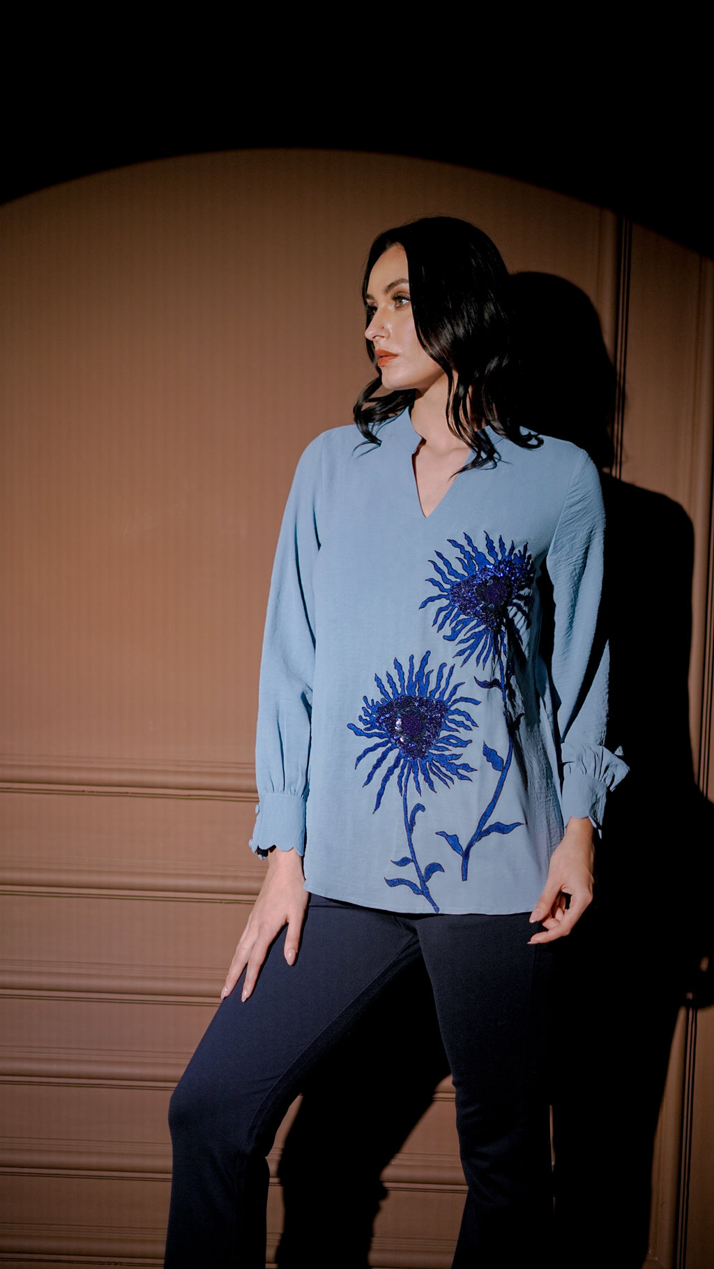 Powder Blue Floral Embroidered Top Set