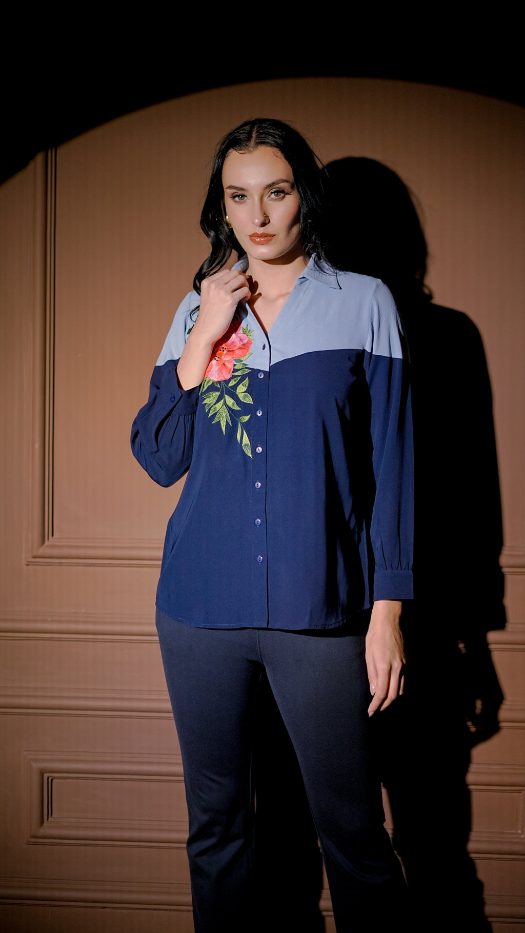 Navy Colorblock Embroidered Shirt Set