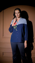 Navy Colorblock Embroidered Shirt Set
