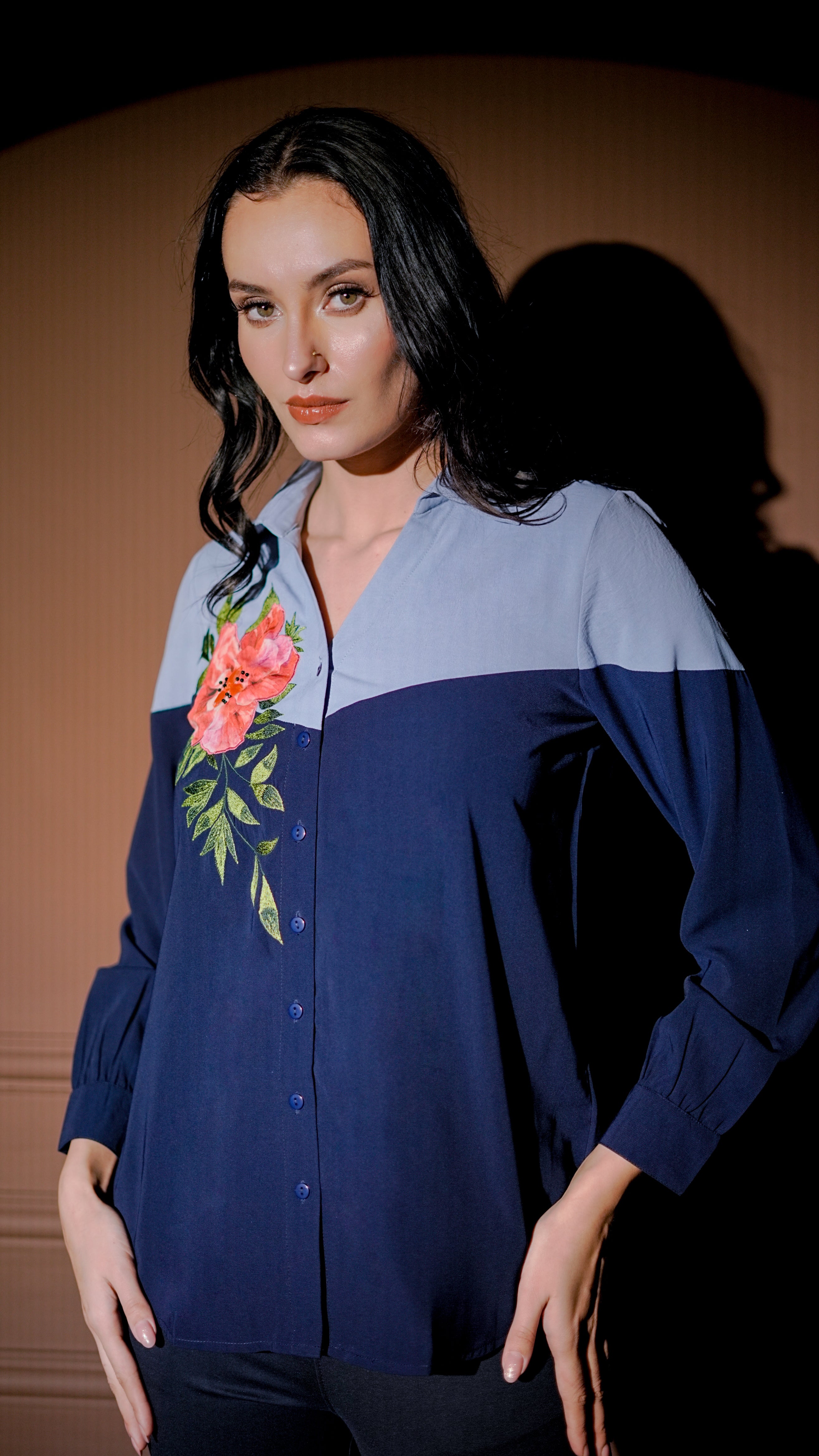 Navy Colorblock Embroidered Shirt Set