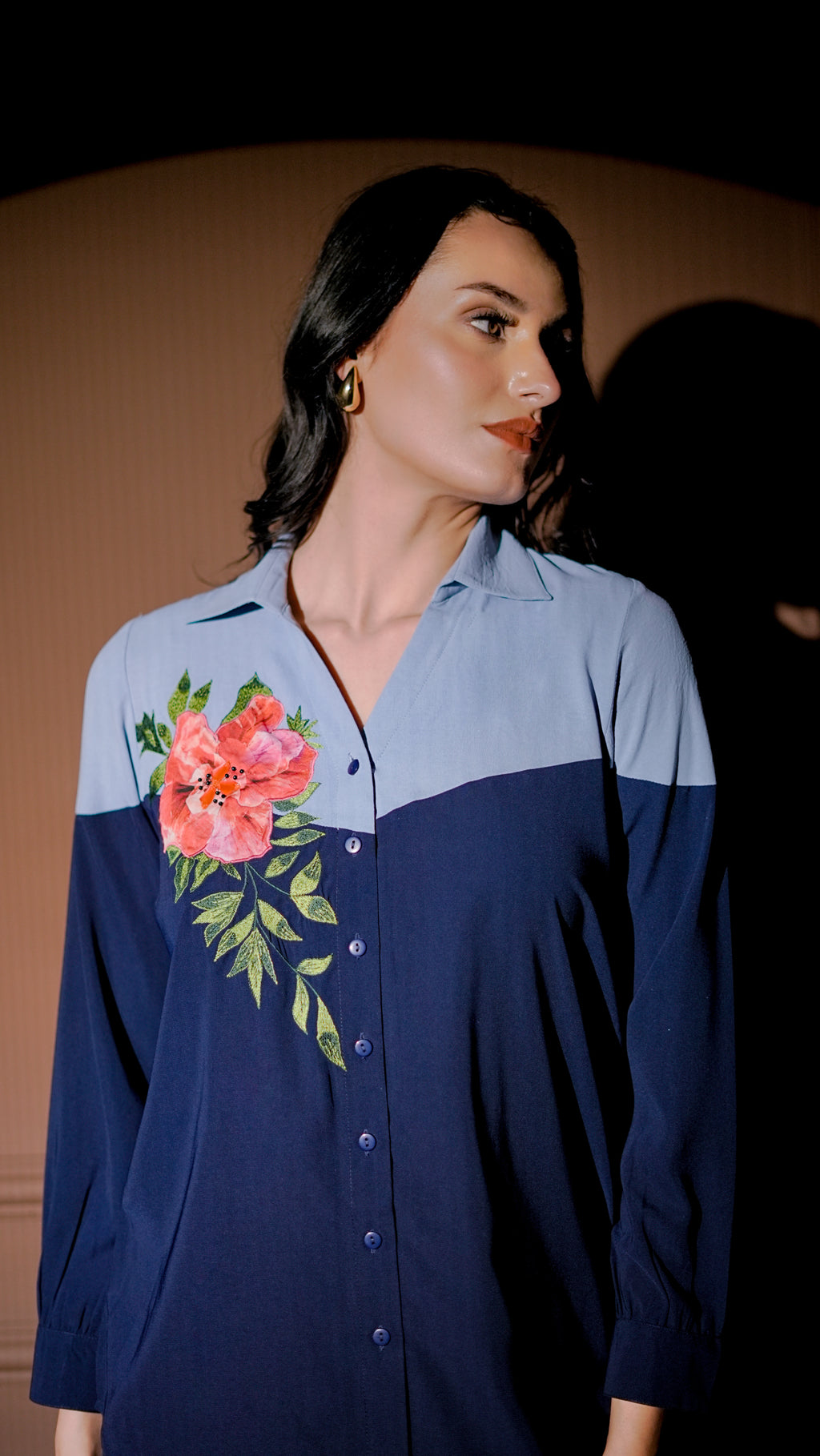 Navy Colorblock Embroidered Shirt Set