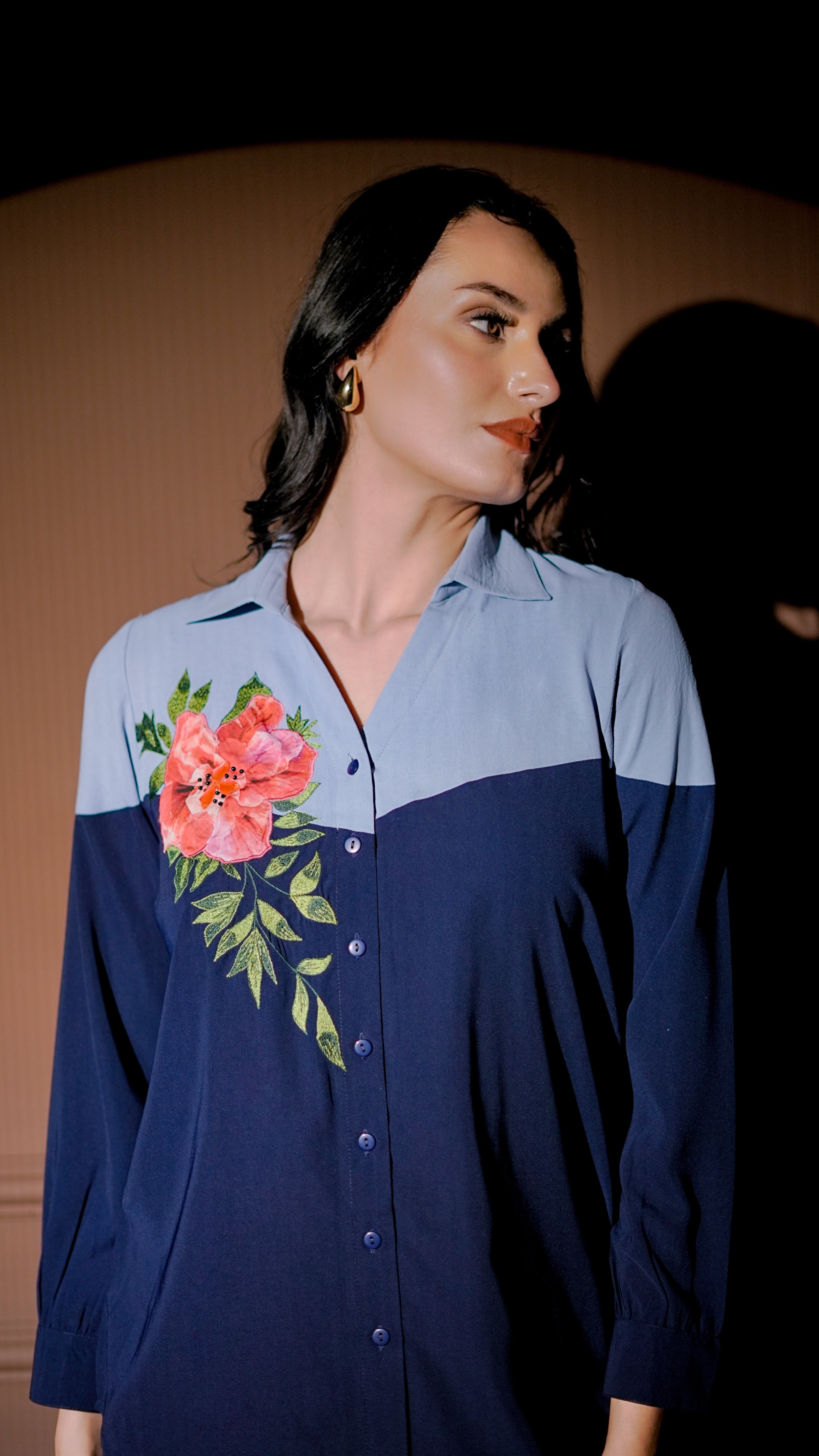 Navy Colorblock Embroidered Shirt Set