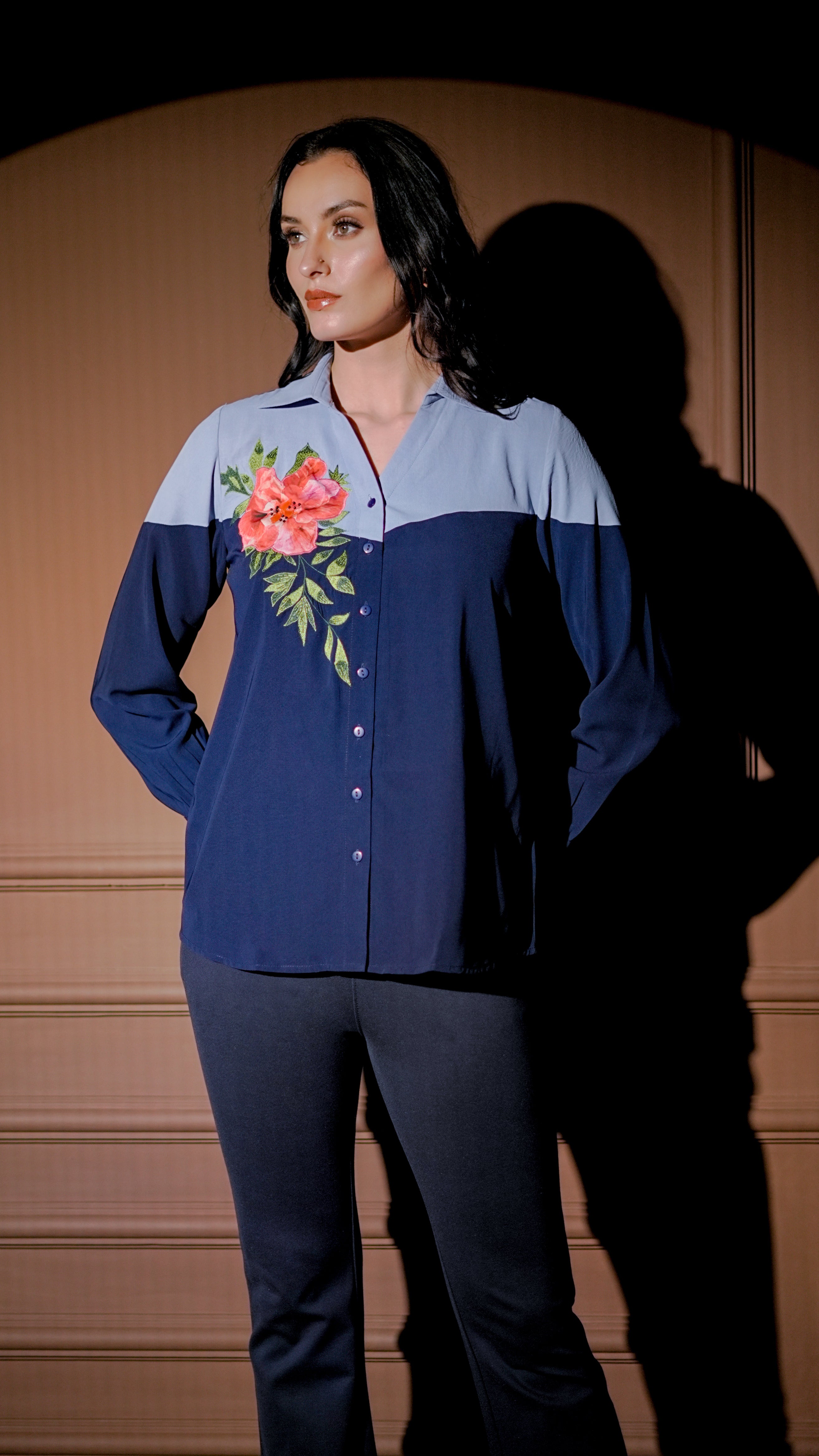 Navy Colorblock Embroidered Shirt Set