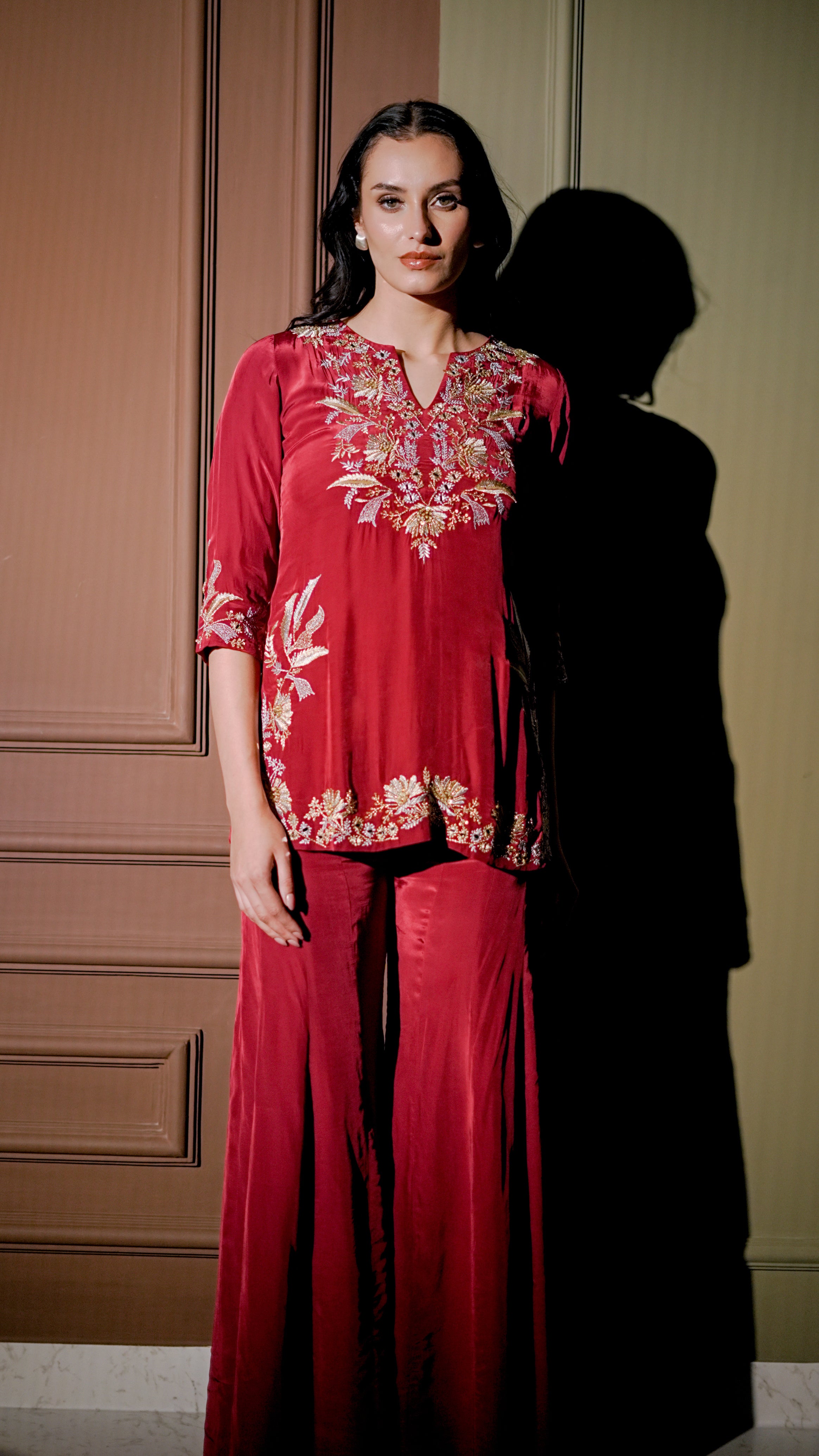 Crimson Red Embroidered Kurta Set