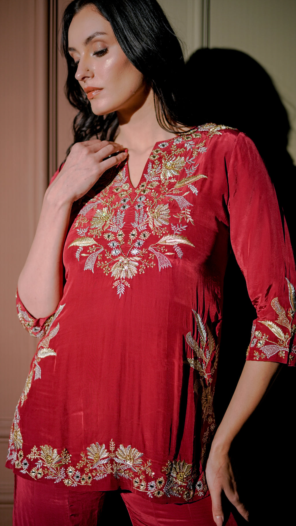 Crimson Red Embroidered Kurta Set