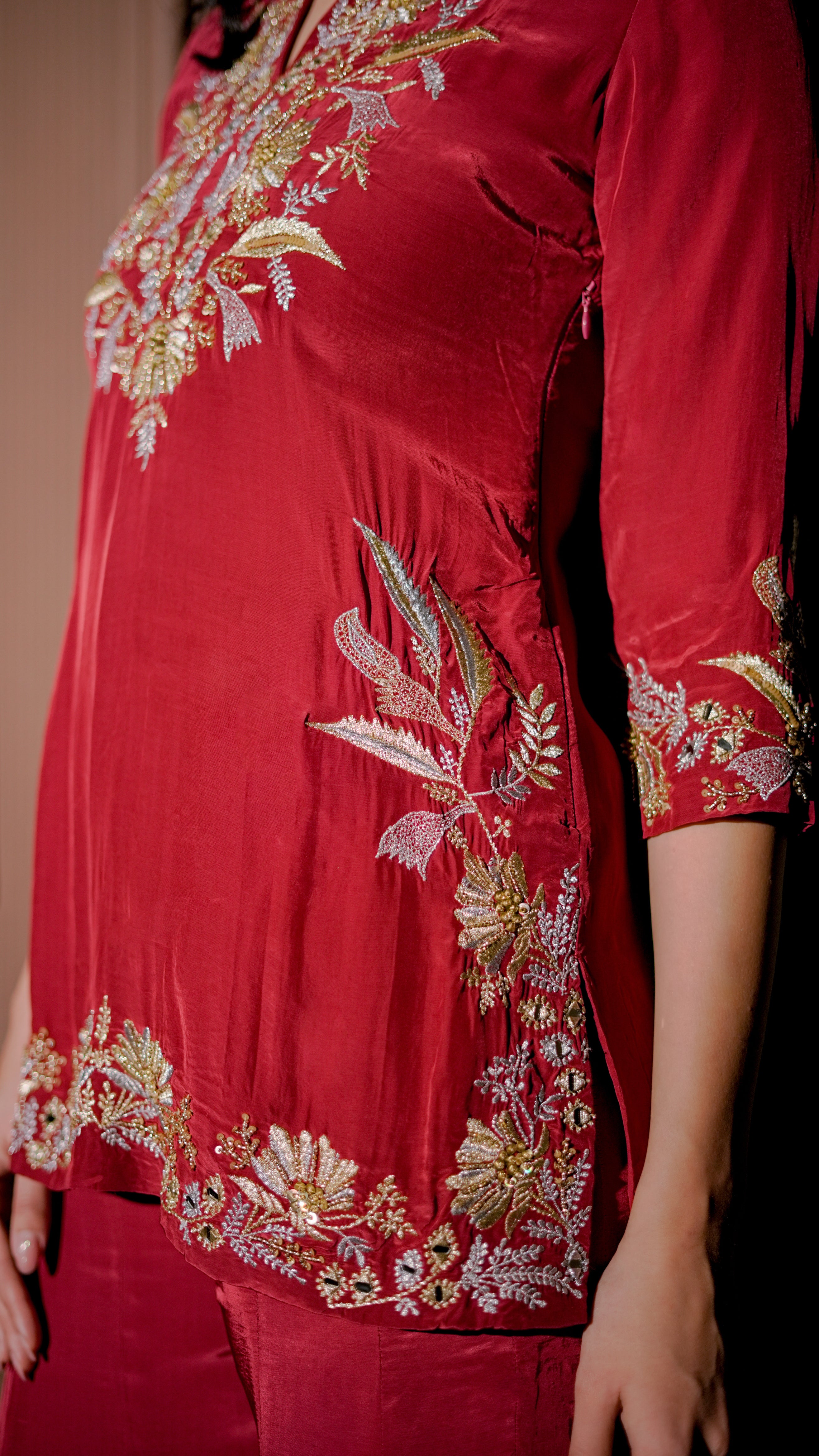 Crimson Red Embroidered Kurta Set