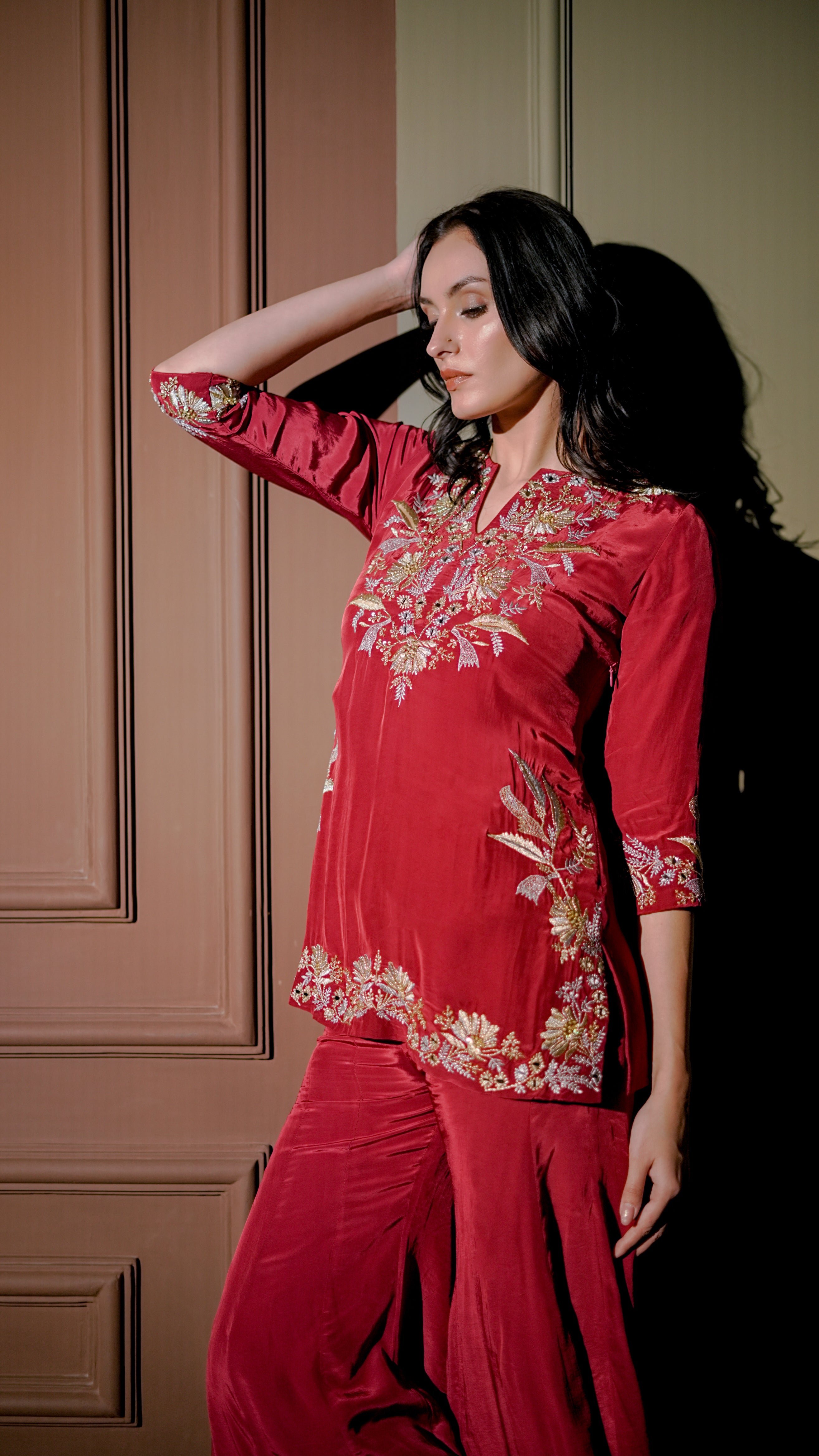 Crimson Red Embroidered Kurta Set