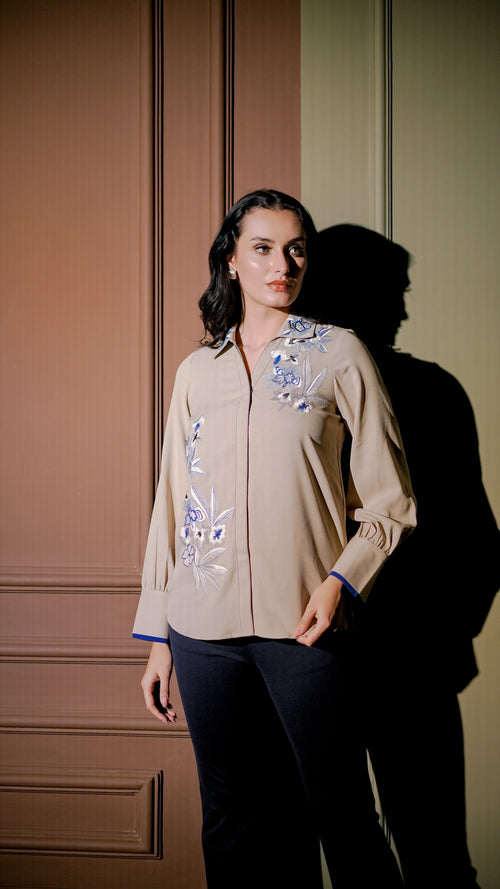 Beige & Blue Embroidered Shirt