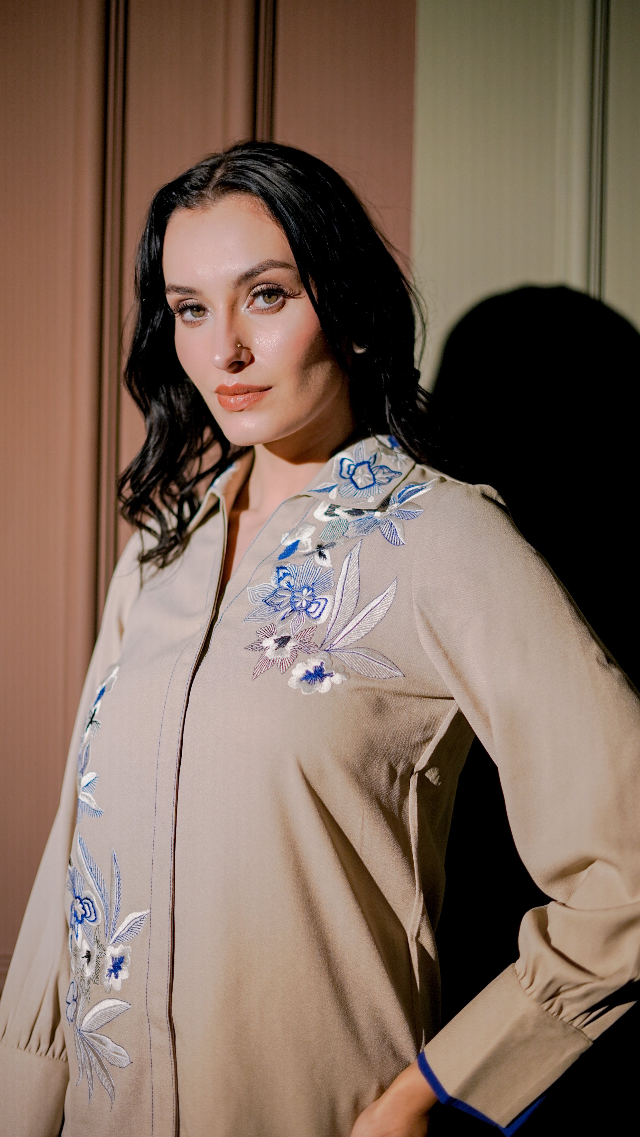 Beige & Blue Embroidered Shirt