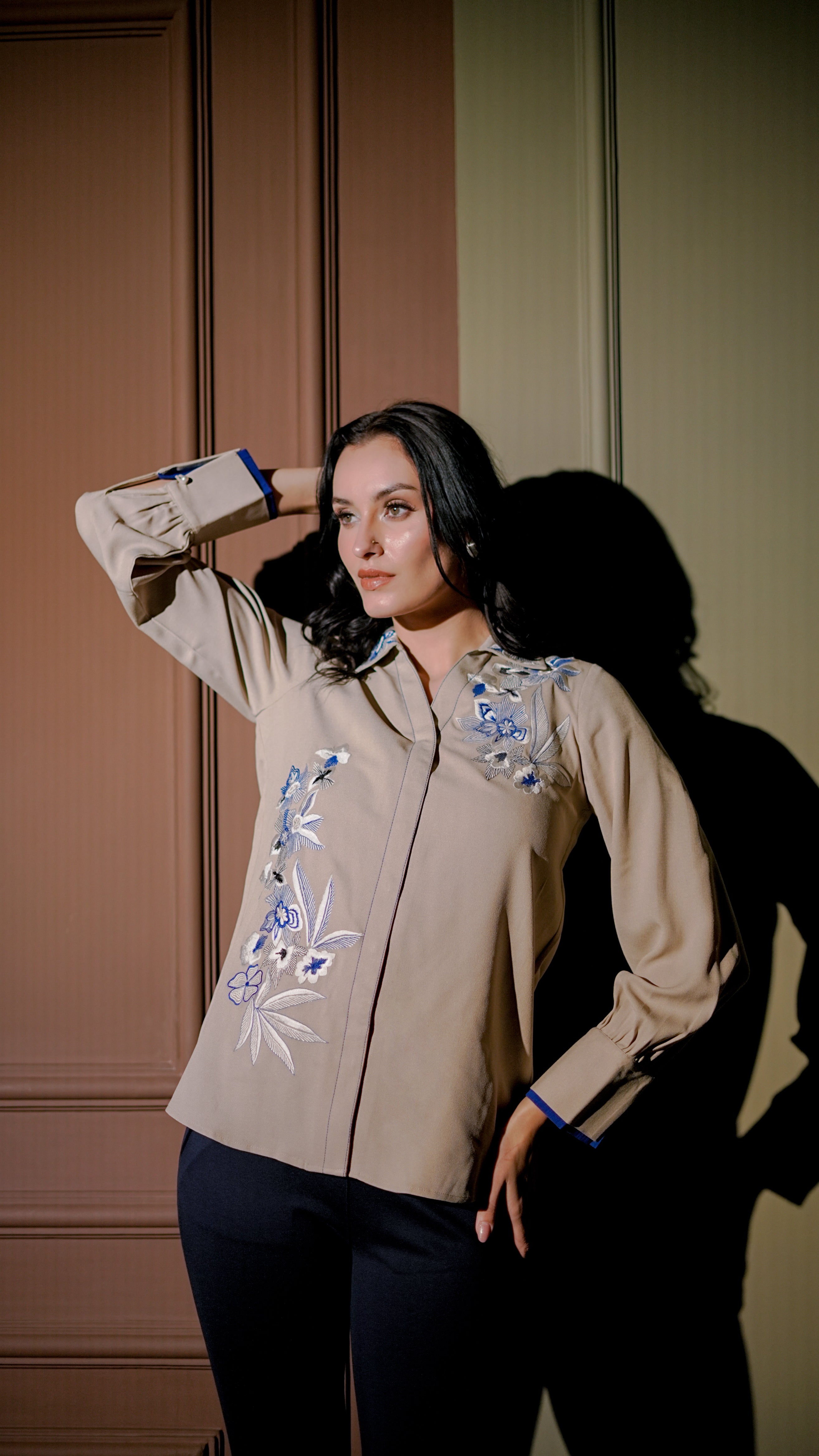 Beige & Blue Embroidered Shirt