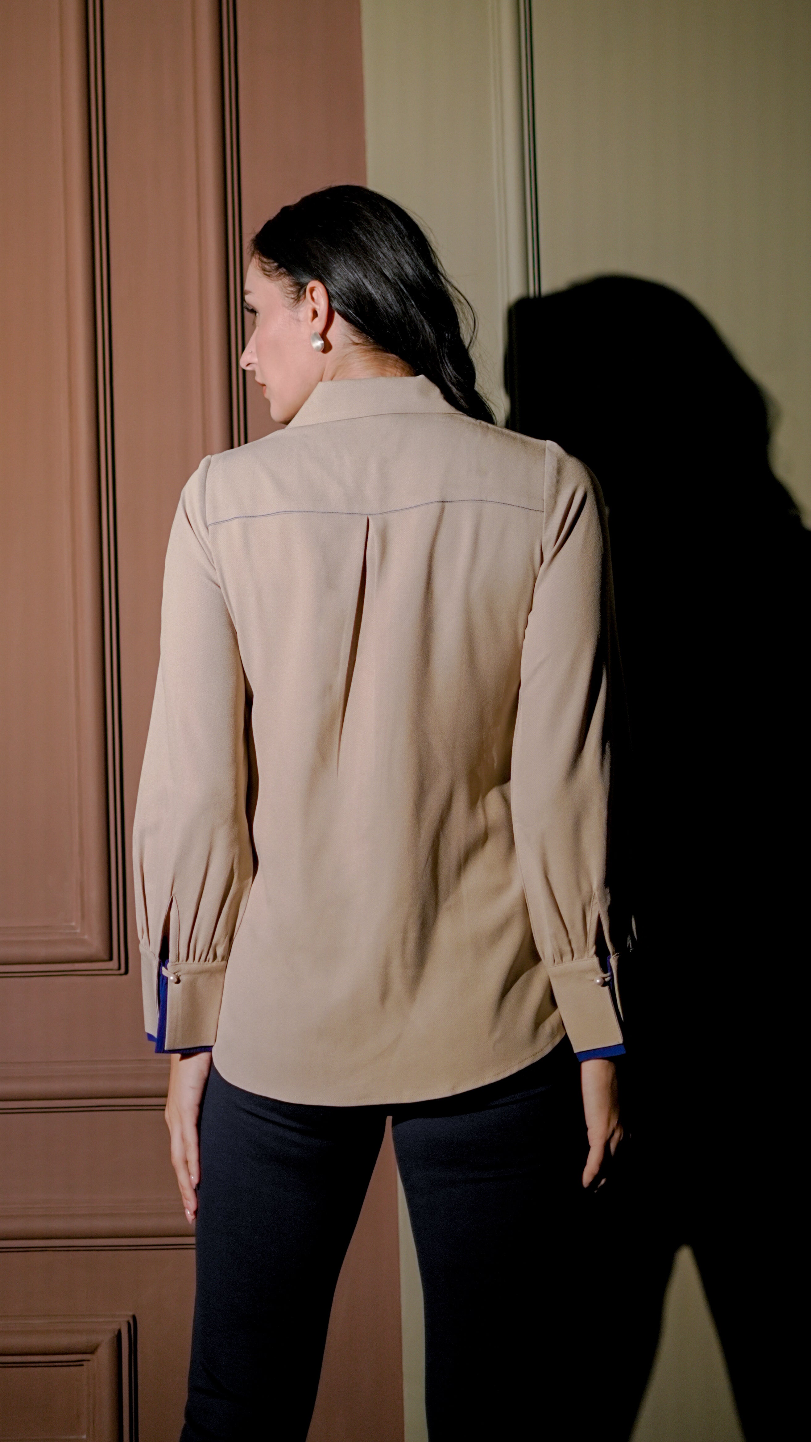 Beige & Blue Embroidered Shirt