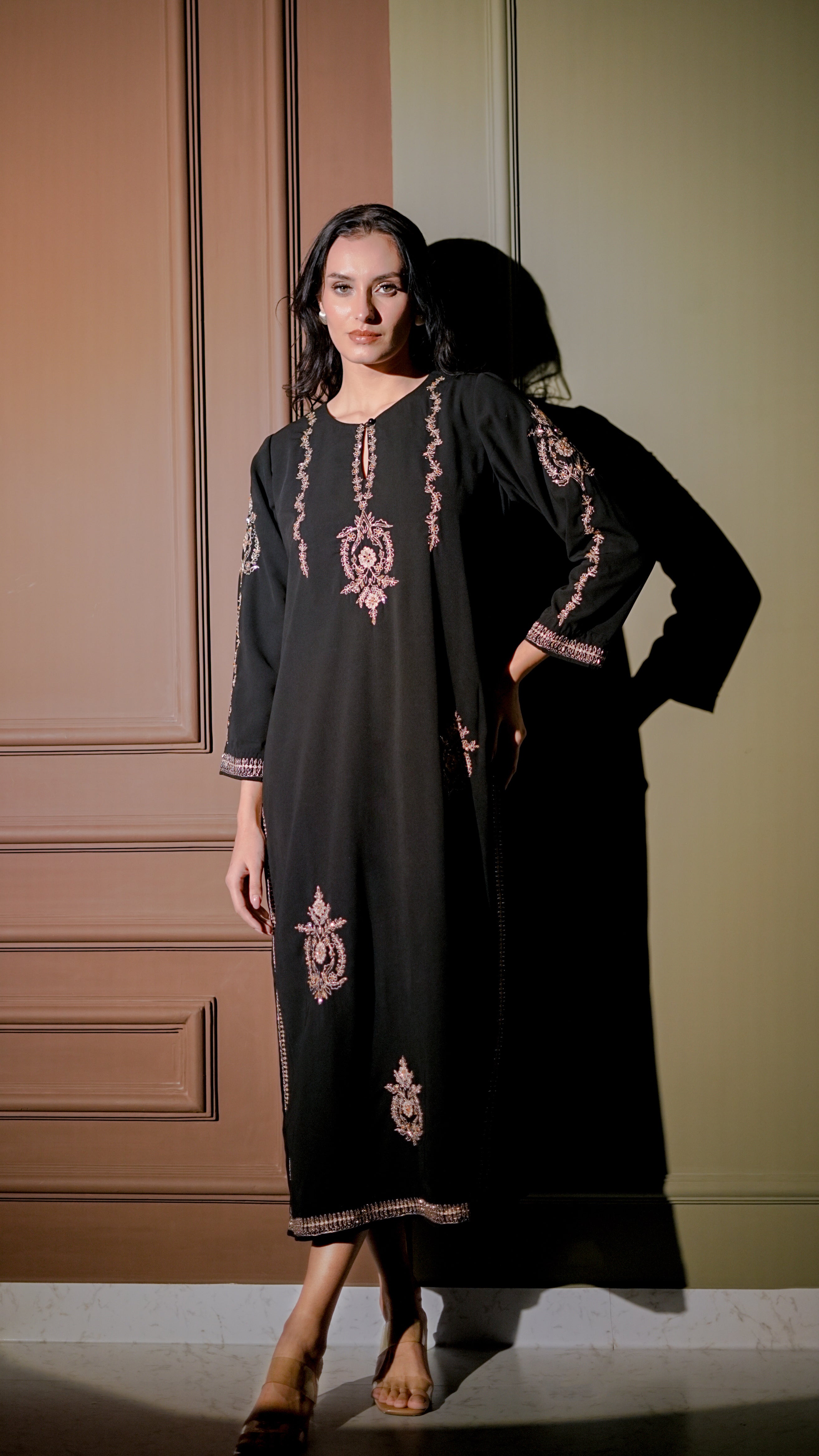 Black Rose-Gold Embroidered Long Kurta