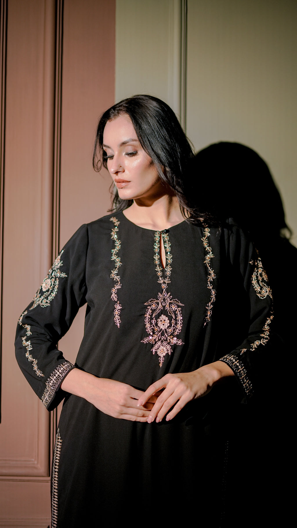 Black Rose-Gold Embroidered Long Kurta