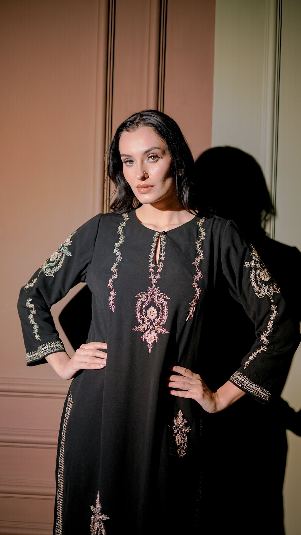 Black Rose-Gold Embroidered Long Kurta