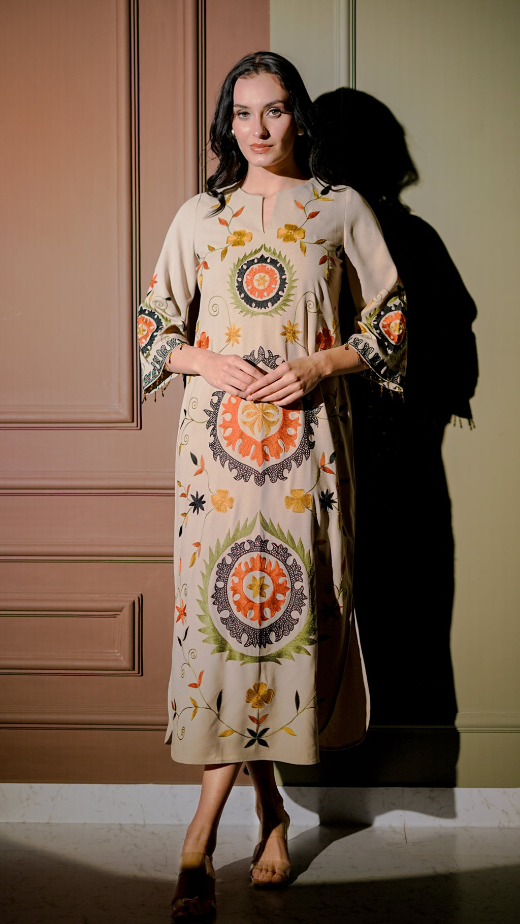 Beige Multicolor Printed Midi Dress