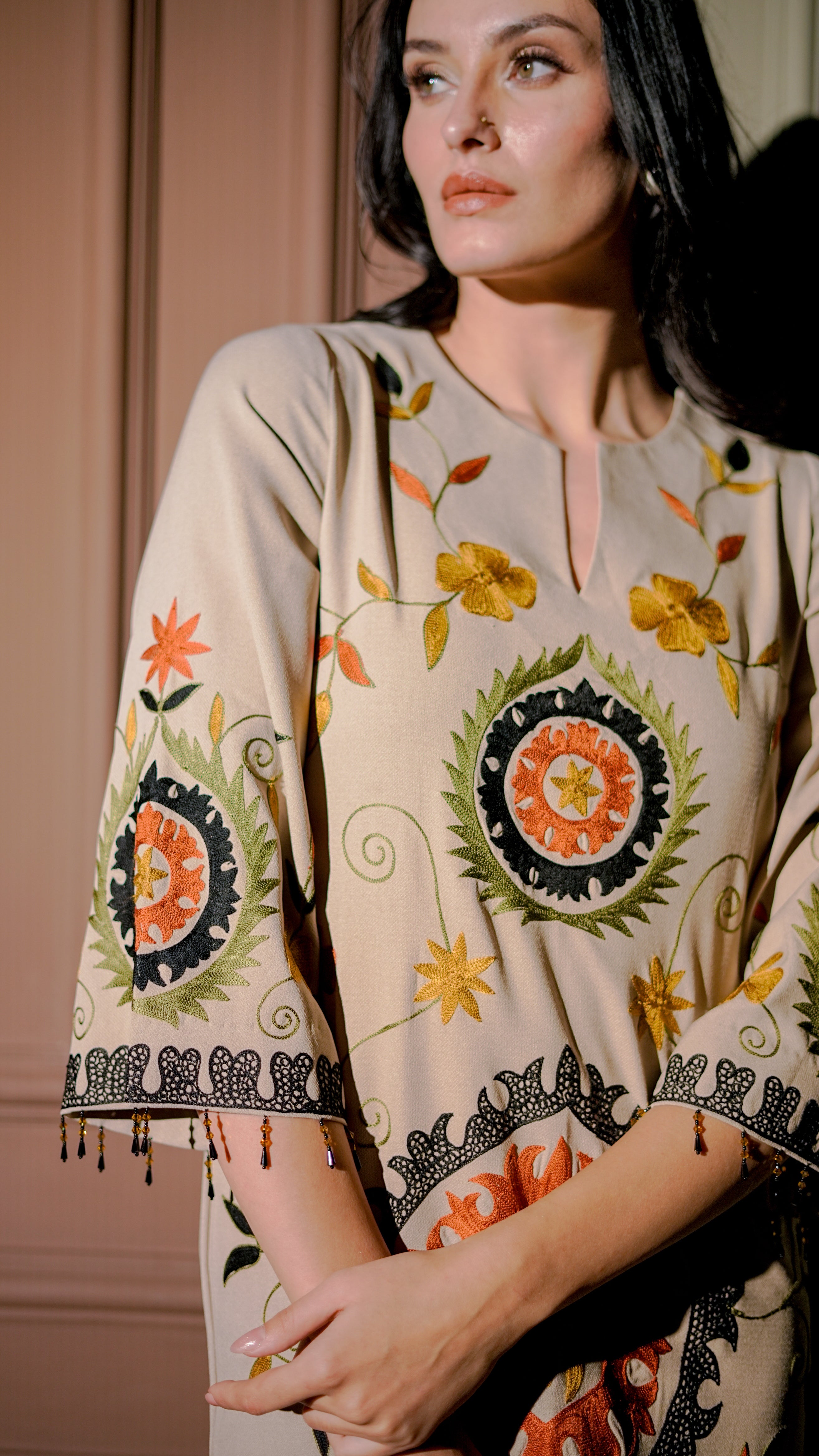 Beige Multicolor Printed Midi Dress