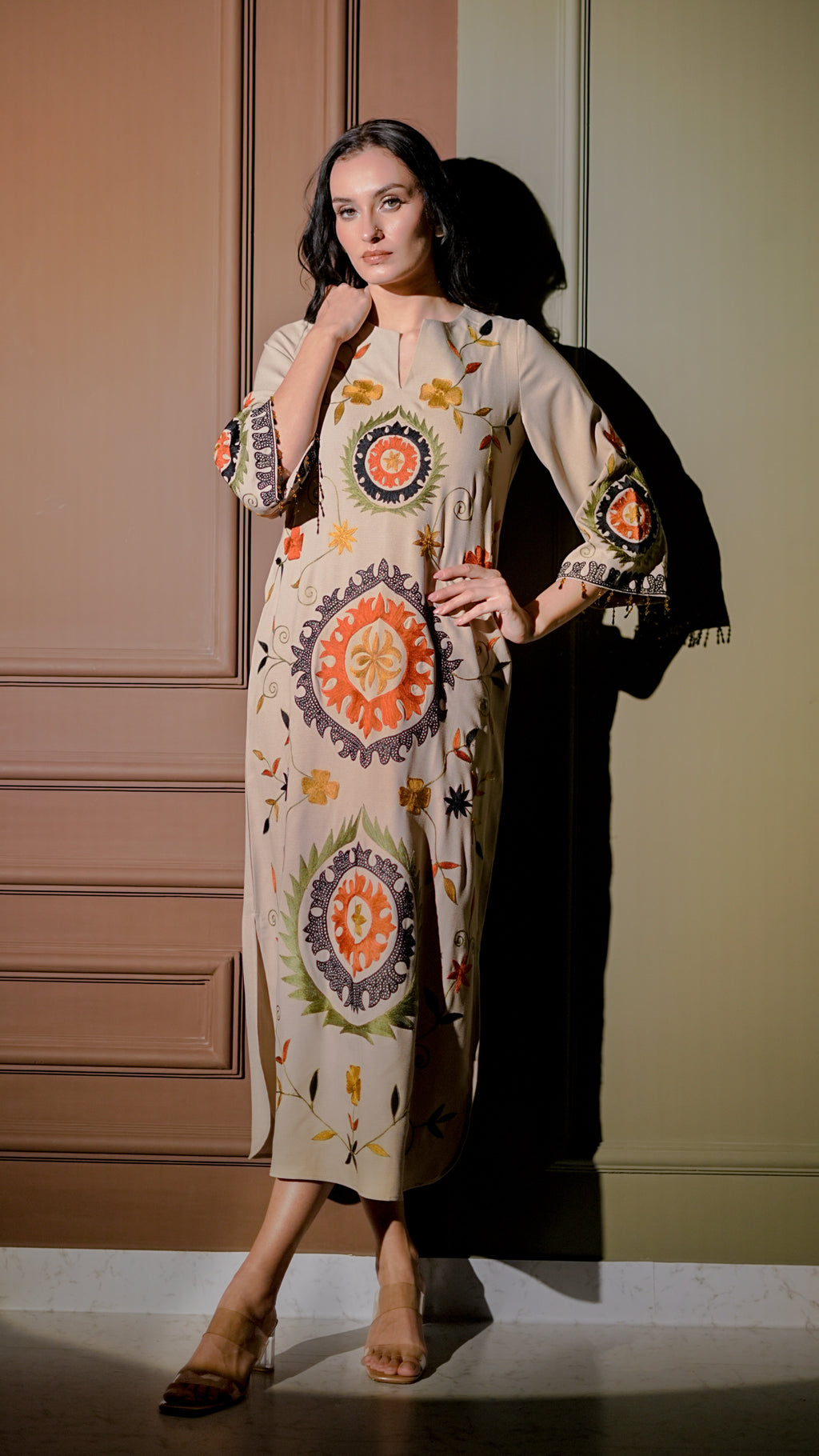 Beige Multicolor Printed Midi Dress