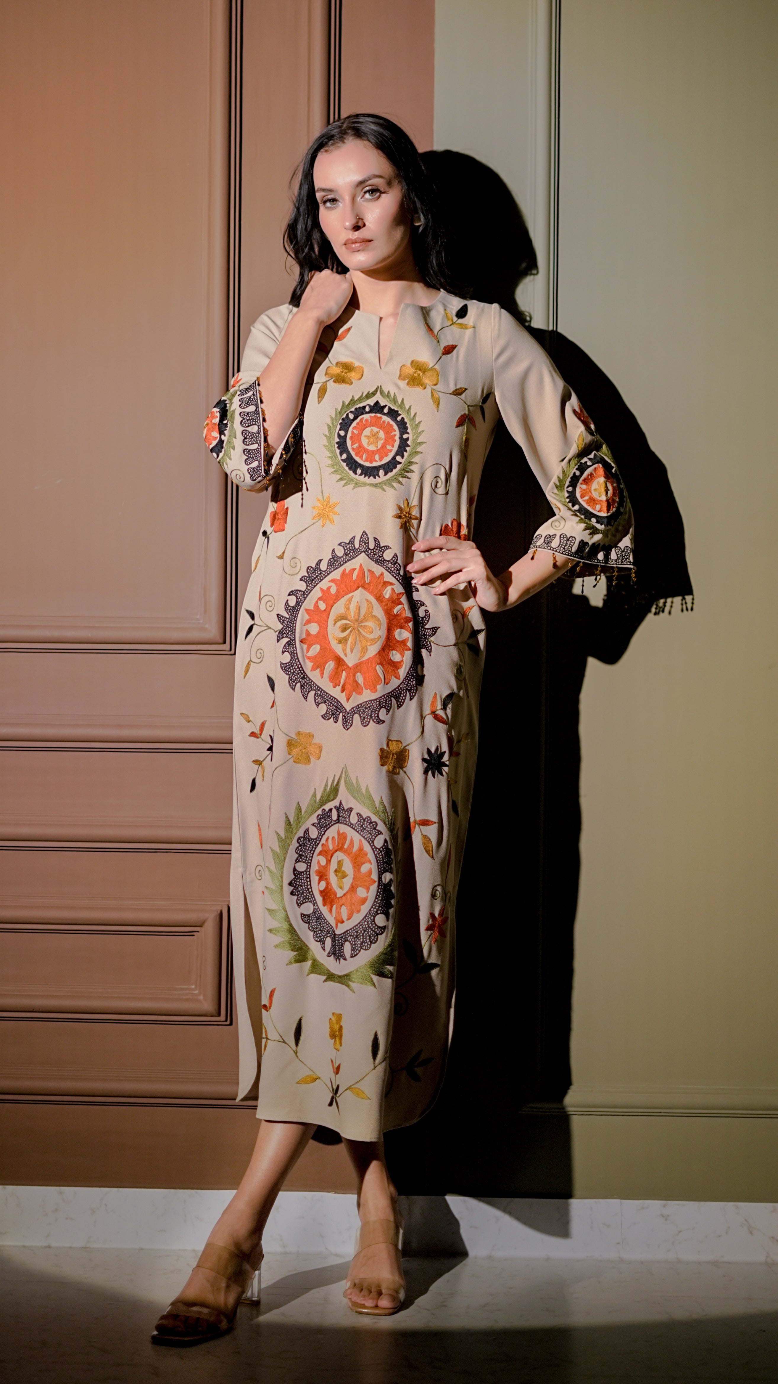 Beige Multicolor Printed Midi Dress