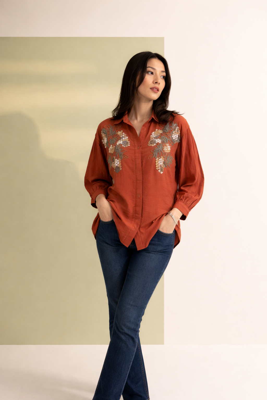 Rust Bloom Embroidered Shirt