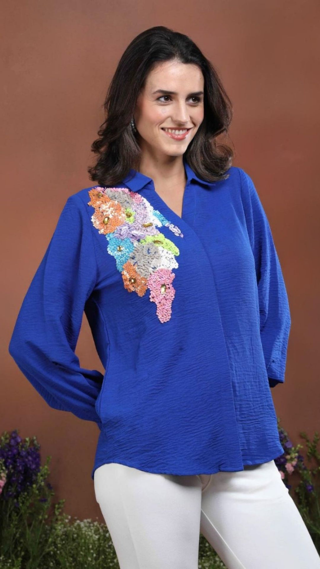 Azure Bloom Embellished Crepe Shirt