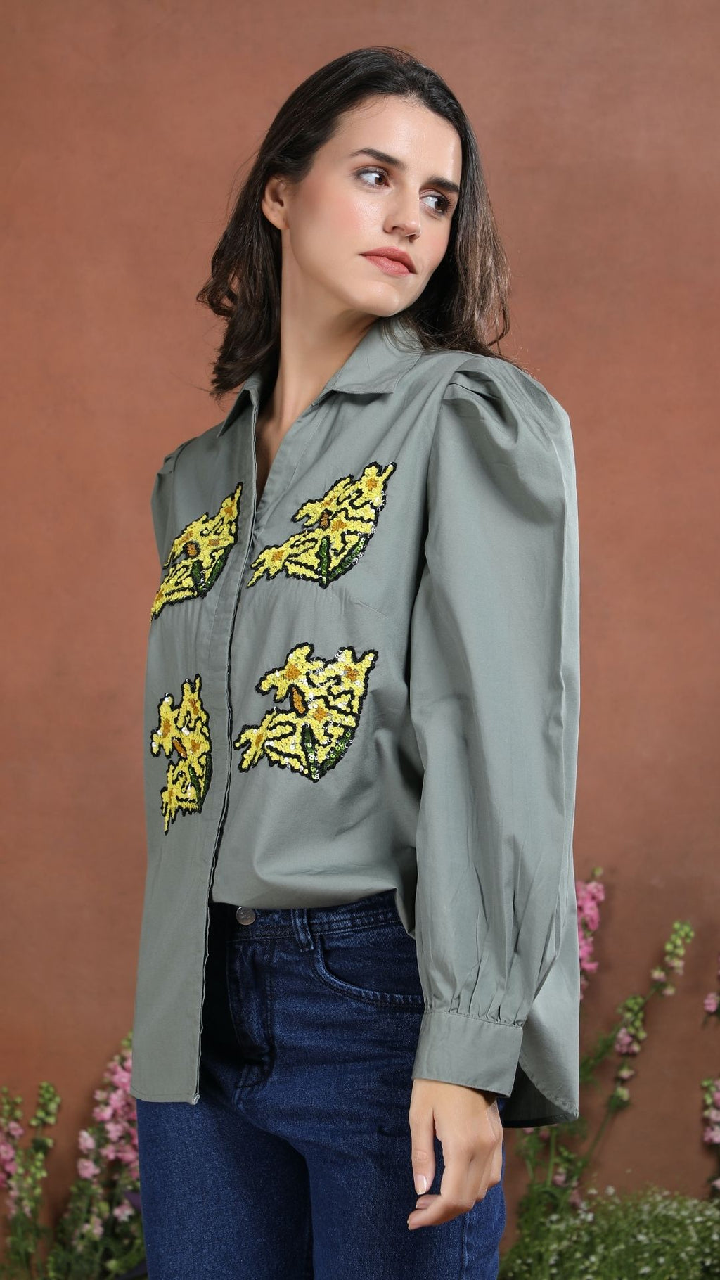 Olive Spark Botanical Sequin Shirt