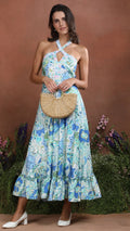 Blue Odyssey Printed Halter Flare Dress
