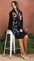 Noir Bloom Zip-Front Embroidered Dress