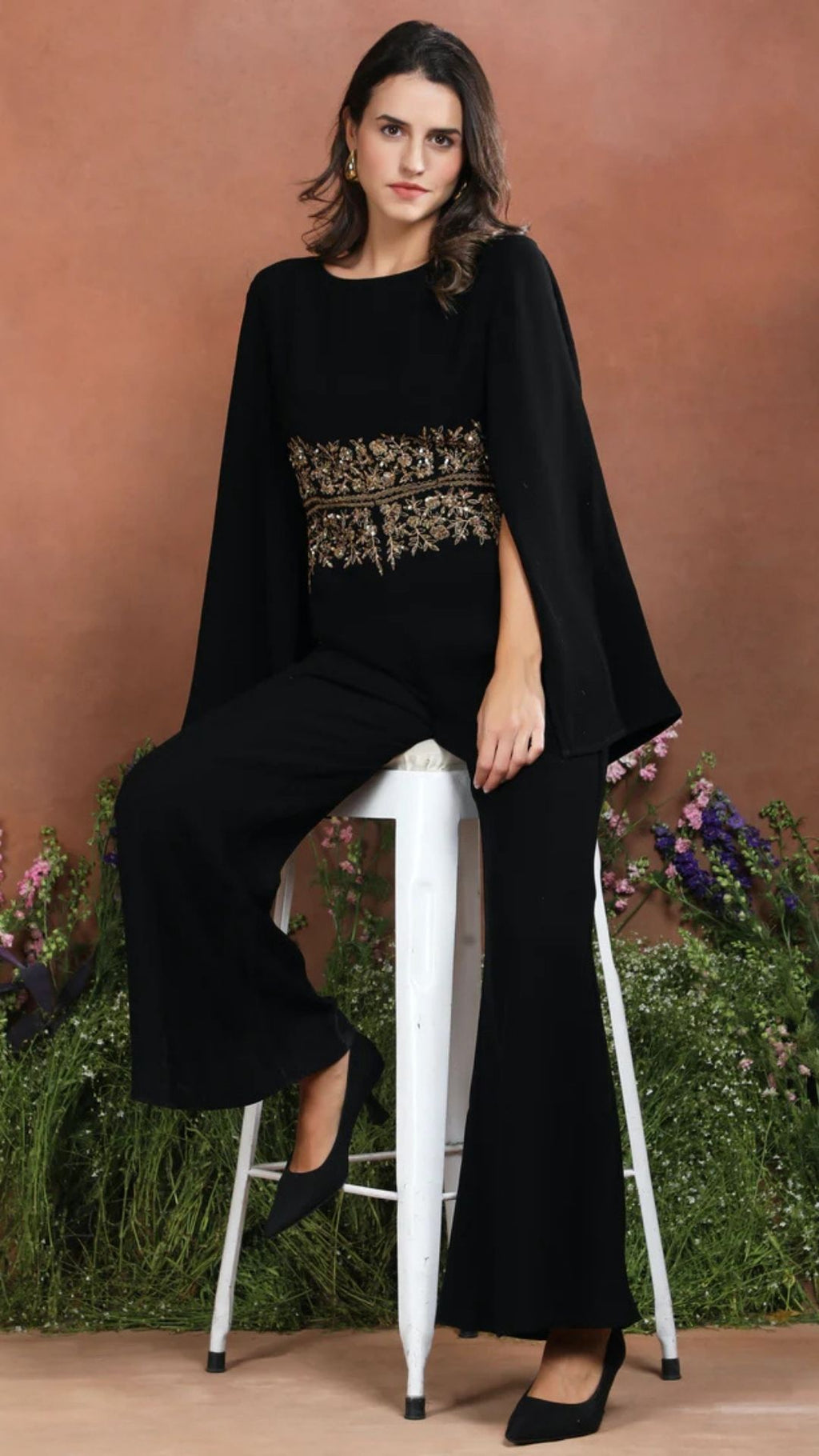 Midnight Regal Embroidered Cape Jumpsuit