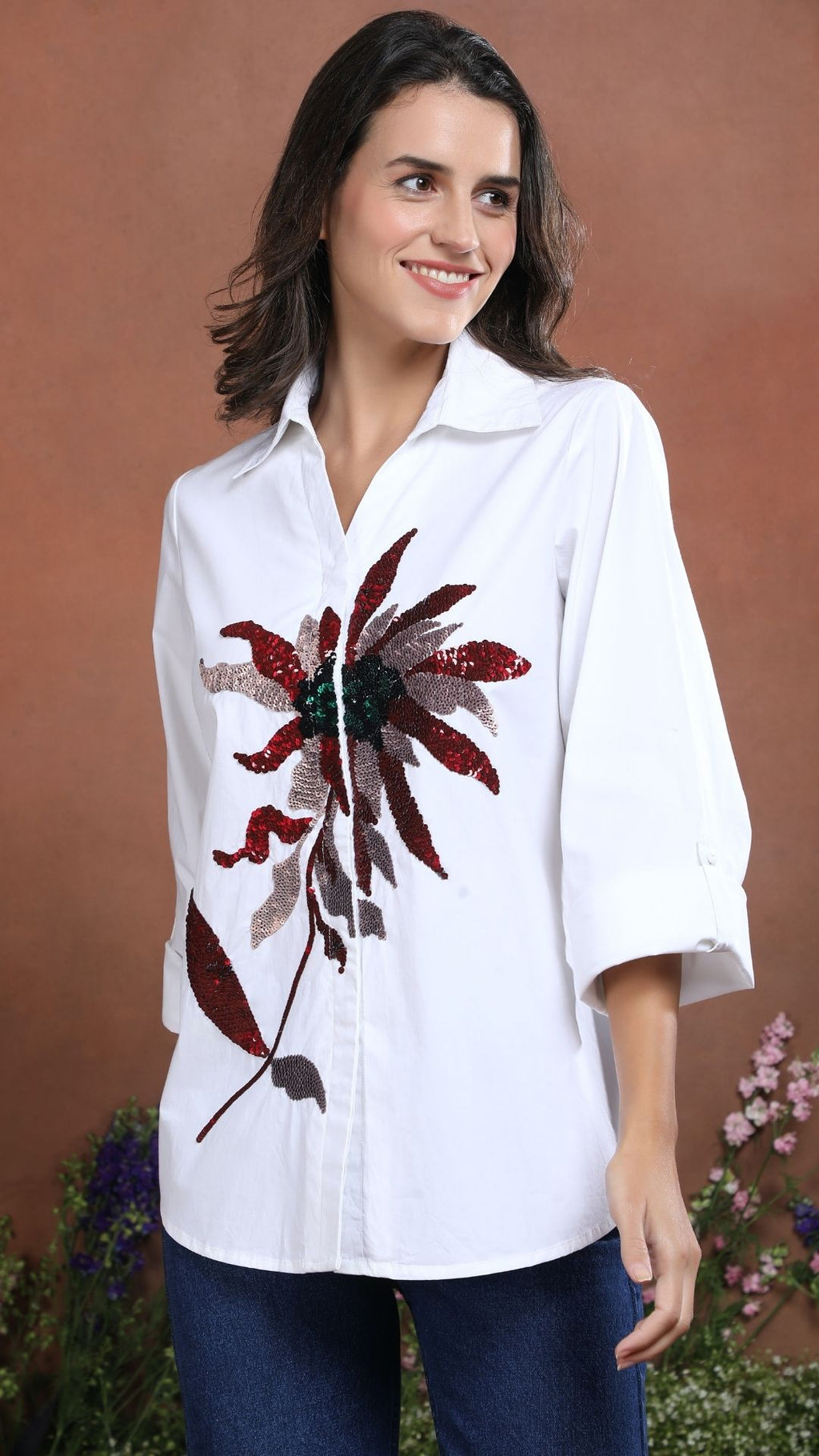 White Bloom Statement Sequin Shirt