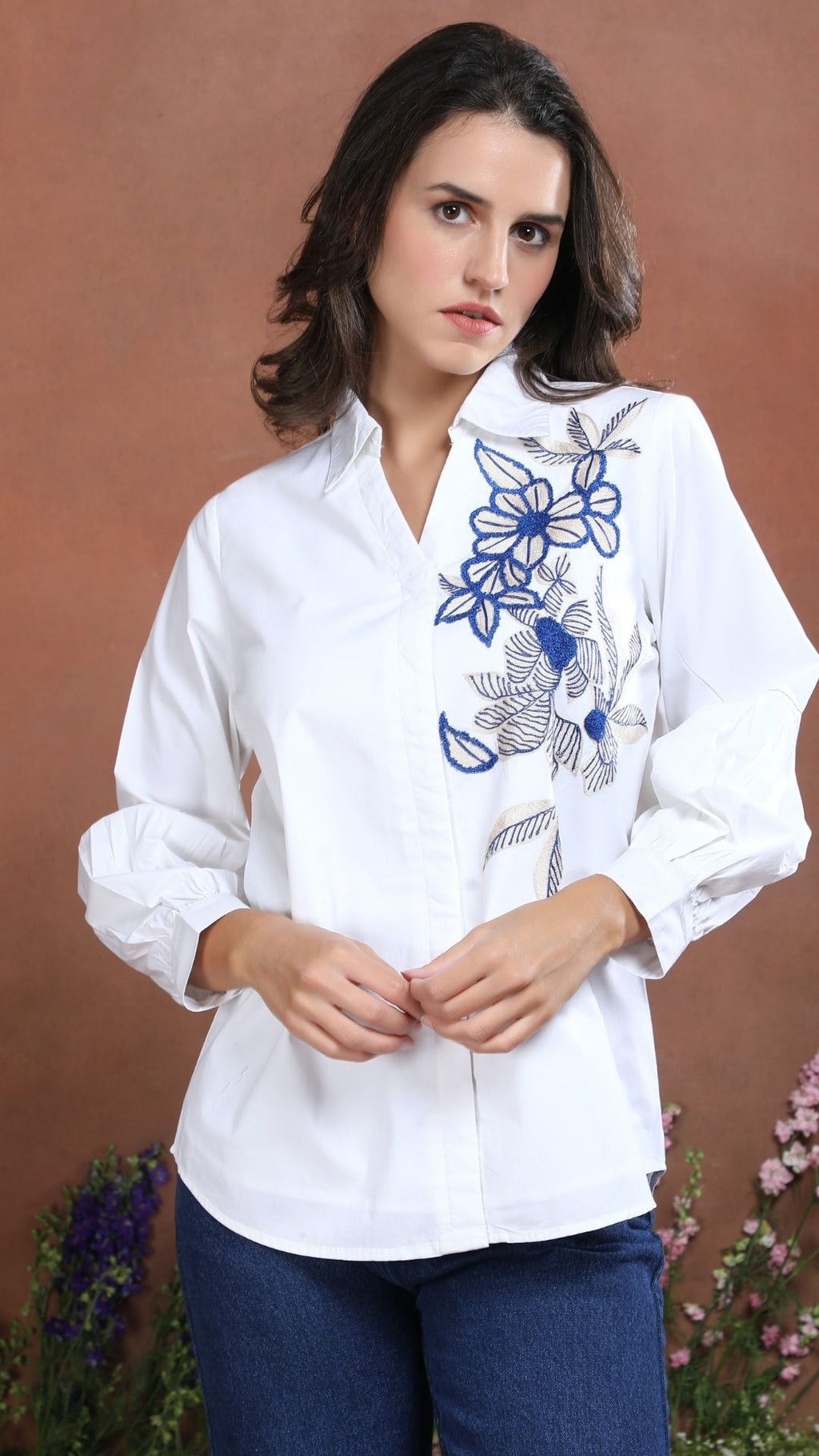 White Botanical Threadwork Classic Shirt