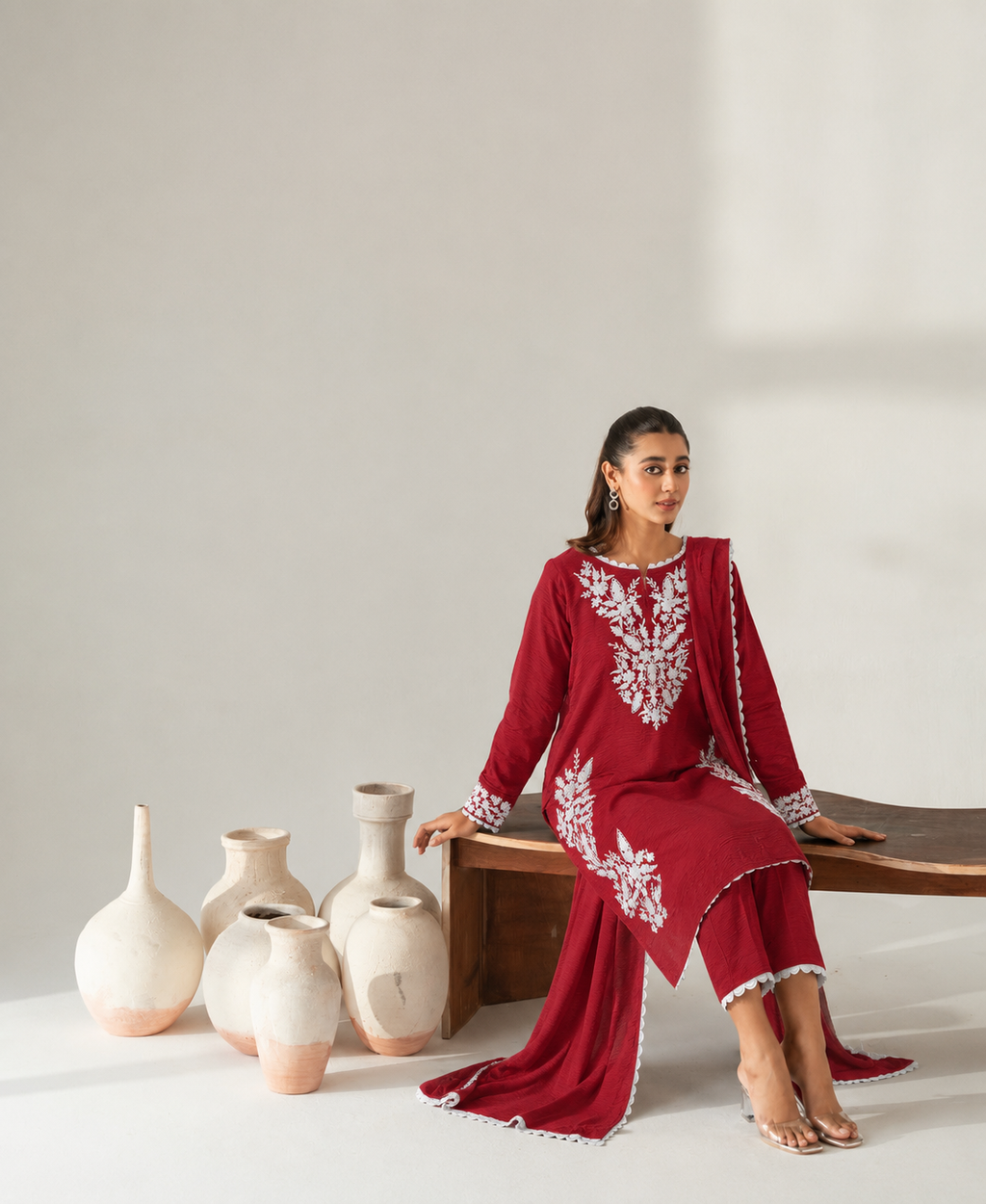 Red Embroidered tunic-set