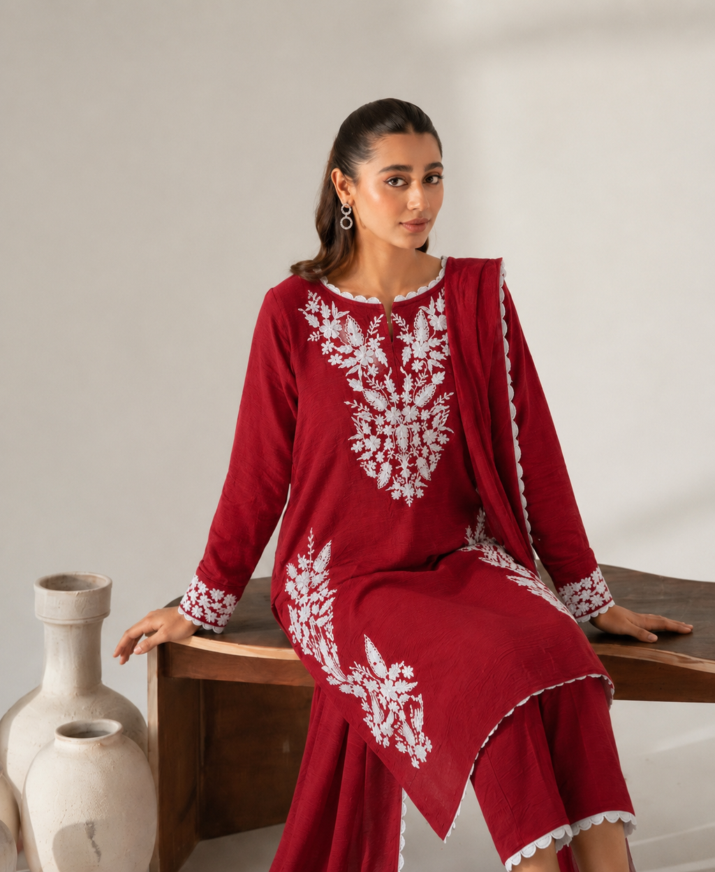 Red Embroidered tunic-set