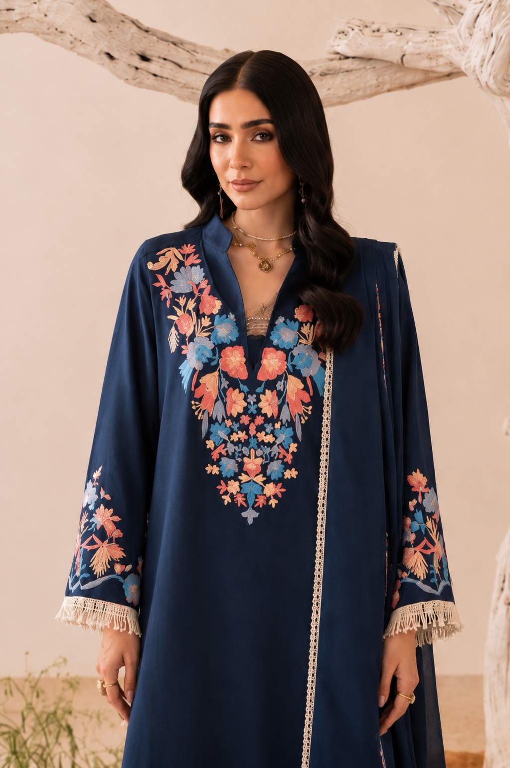 Navy Blue bloom Embroidered Tunic-Set