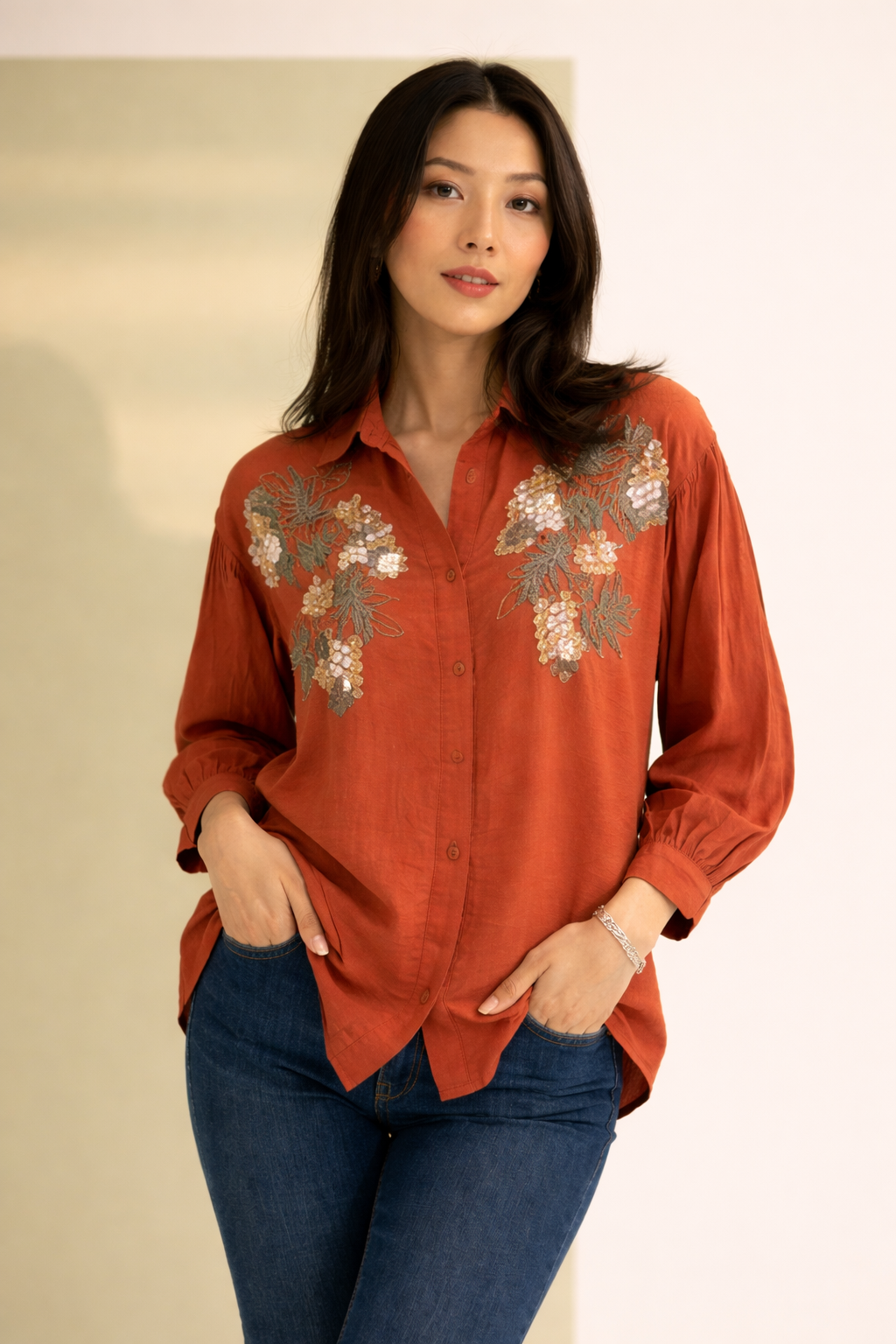 Rust Bloom Embroidered Shirt