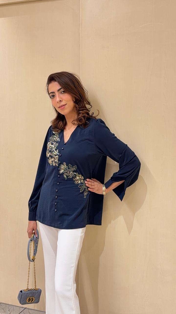 Midnight Blue Embroidered Shirt